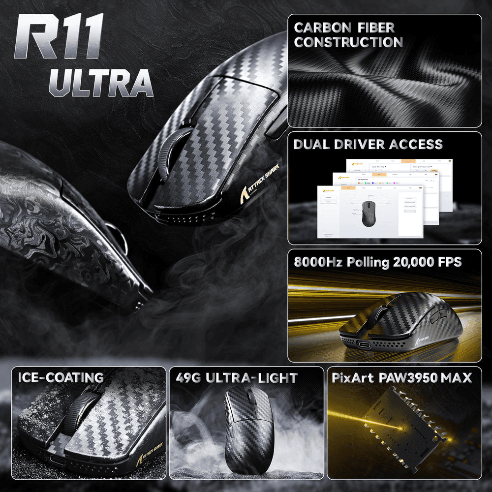 ATTACK SHARK ATTACK SHARK R11 Ultra Carbon Fiber Wireless Gaming Mouse, 49g Superlight, 8K Polling Rate, PAW3950MAX Sensor, & Nano-Metal Ice Coating, Black | R11 - thumbnail 5
