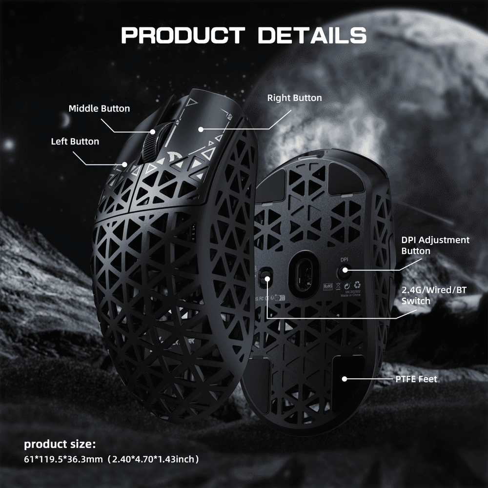 ATTACK SHARK ATTACK SHARK R5 Ultra Carbon Fiber Wireless Gaming Mouse, 39g World-Class Superlight, 8K Polling, 42,000 DPI PAW3950MAX Sensor, Black | R5 Ultra - thumbnail 3