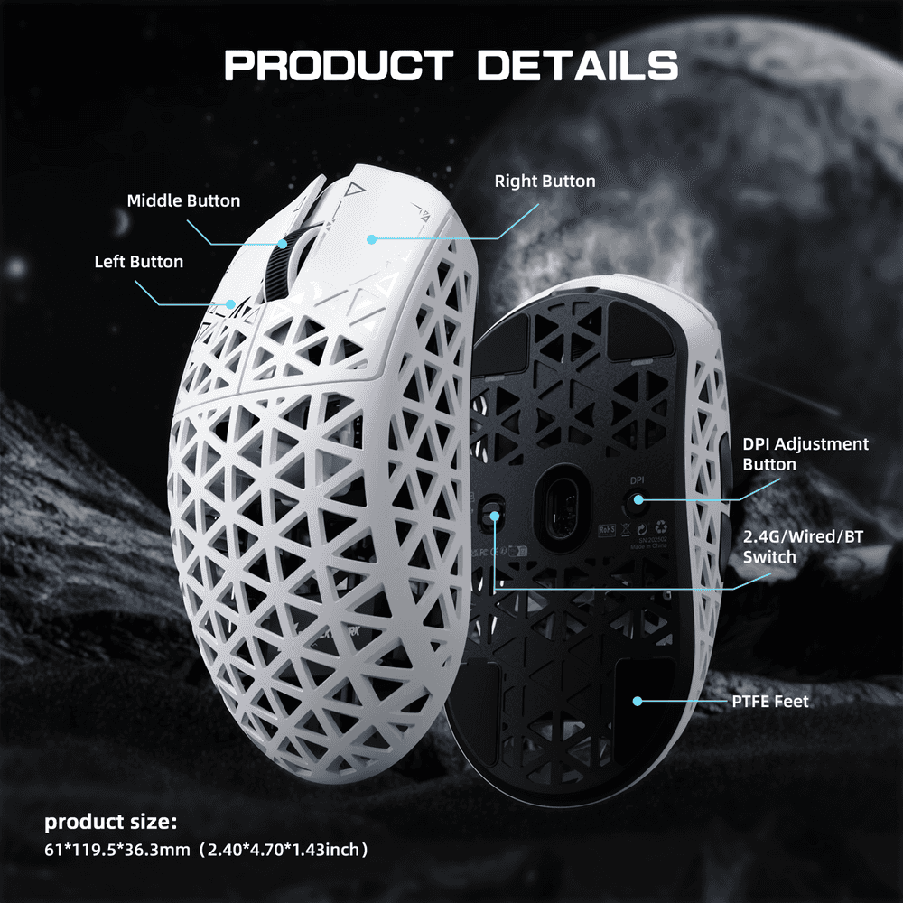 ATTACK SHARK ATTACK SHARK R5 Ultra Carbon Fiber Wireless Gaming Mouse, 39g World-Class Superlight, 8K Polling, 42,000 DPI PAW3950MAX Sensor, White | R5 Ultra - thumbnail 5