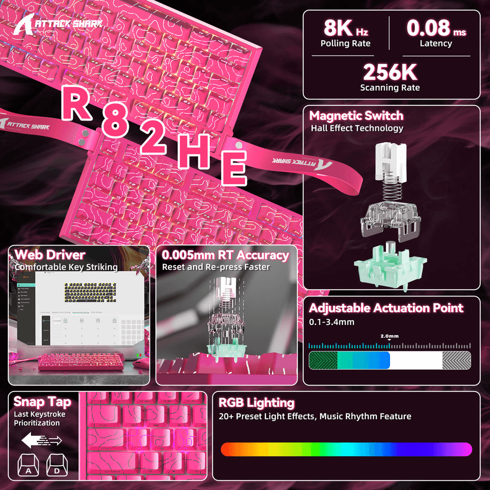 ATTACK SHARK ATTACK SHARK R82 HE Magnetic Switch Gaming Keyboard, 75% Wired, 8KHz Polling, 0.005mm Rapid Trigger Accuracy, & Snap Tap Support, Pink Contours | R82 HE - thumbnail 5