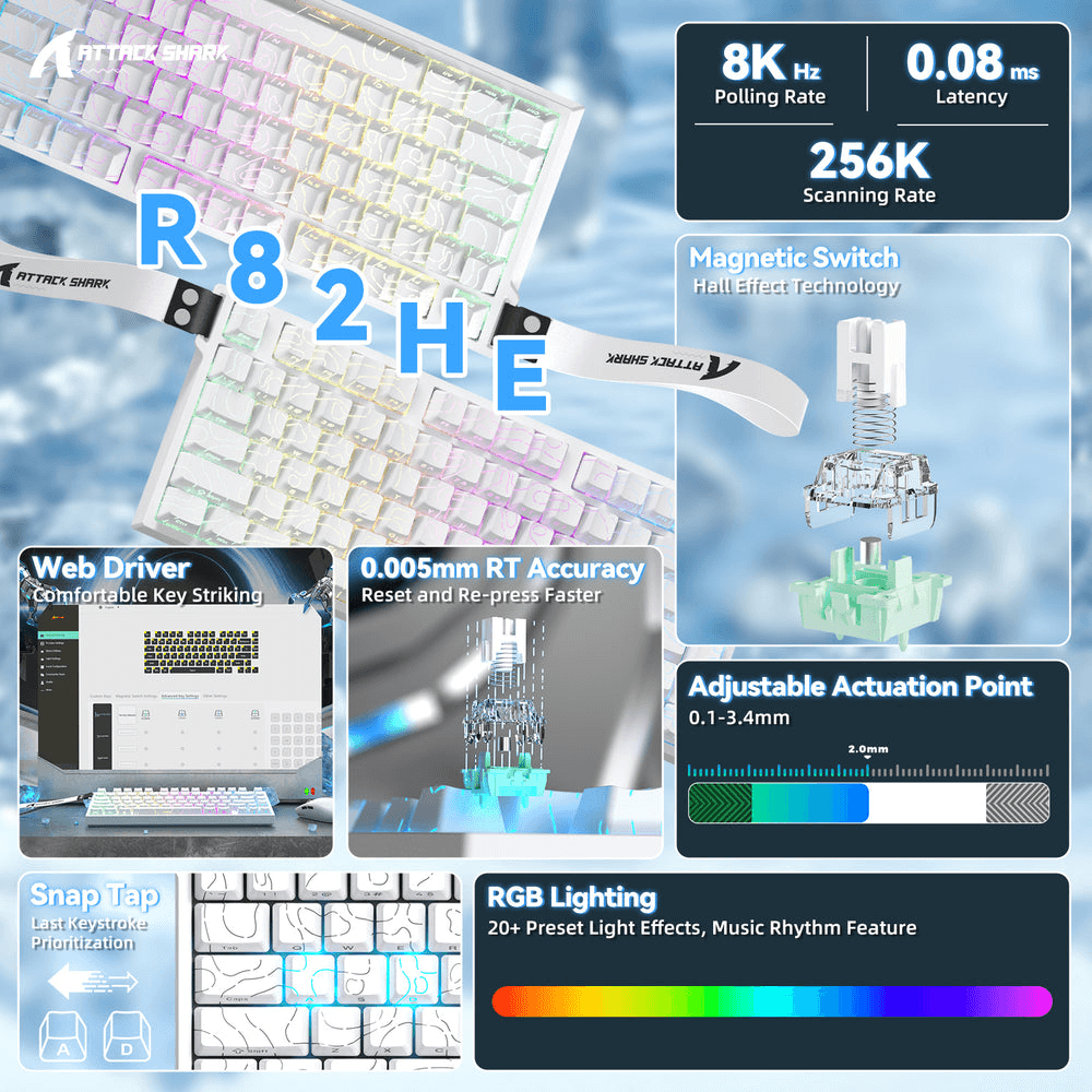 ATTACK SHARK ATTACK SHARK R82 HE Magnetic Switch Gaming Keyboard, 75% Wired, 8KHz Polling, 0.005mm Rapid Trigger Accuracy, & Snap Tap Support, White Contours | R82 HE - thumbnail 6