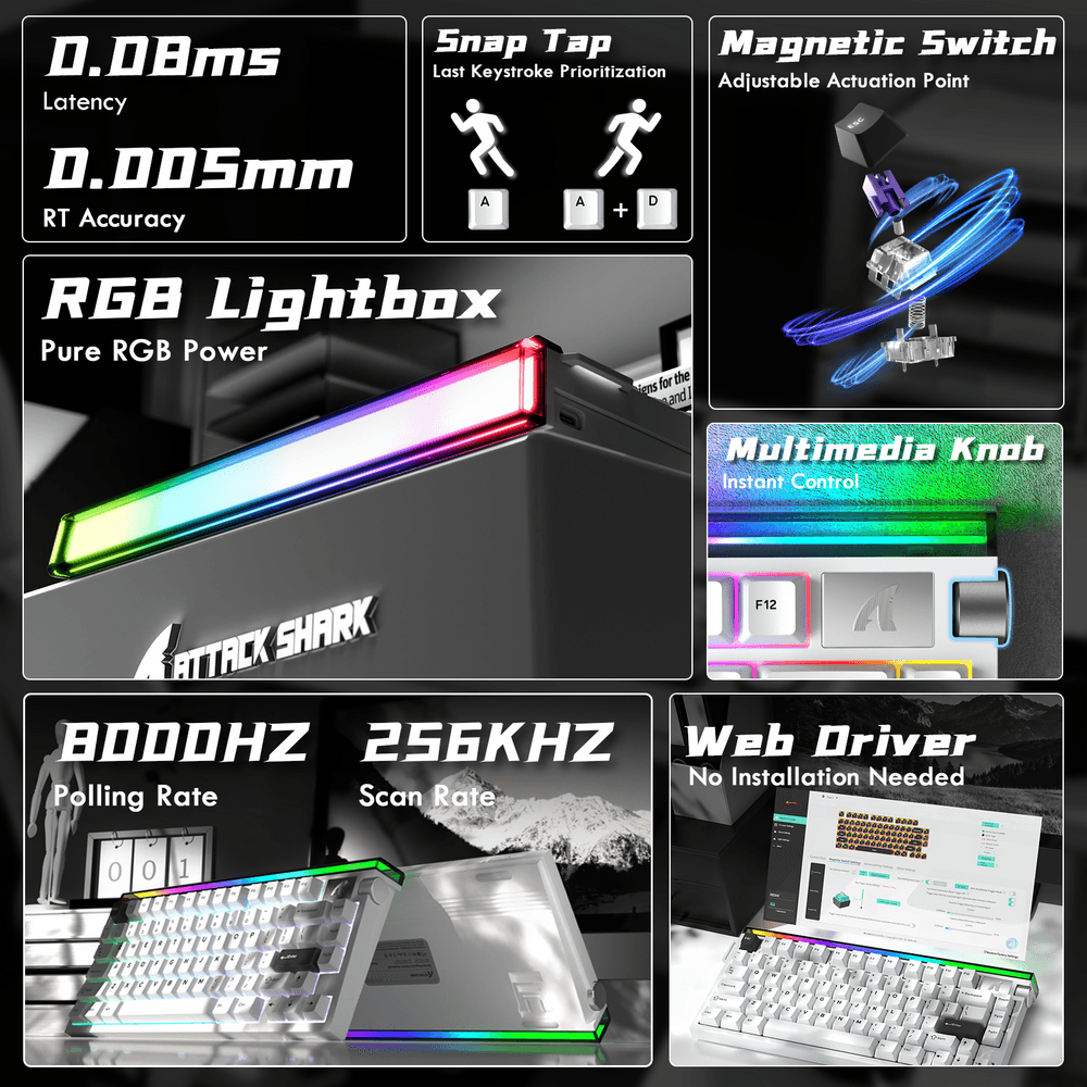 ATTACK SHARK ATTACK SHARK R85 HE Magnetic Switch Gaming Keyboard, 75% Wired, 8KHz Polling, 0.005mm Rapid Trigger Accuracy, & Custom RGB Lightbox, White | R85 HE - thumbnail 6