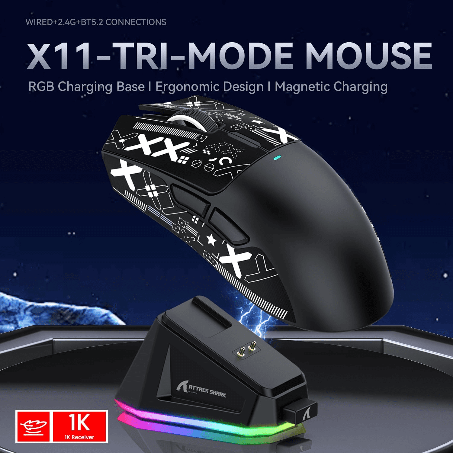 ATTACK SHARK ATTACK SHARK X11 Wireless Gaming Mouse with Magnetic Charging Dock, 63g Ultra-Lightweight, PixArt PAW3311 Sensor, & Tri-Mode Connectivity, Black | X11 - thumbnail 5