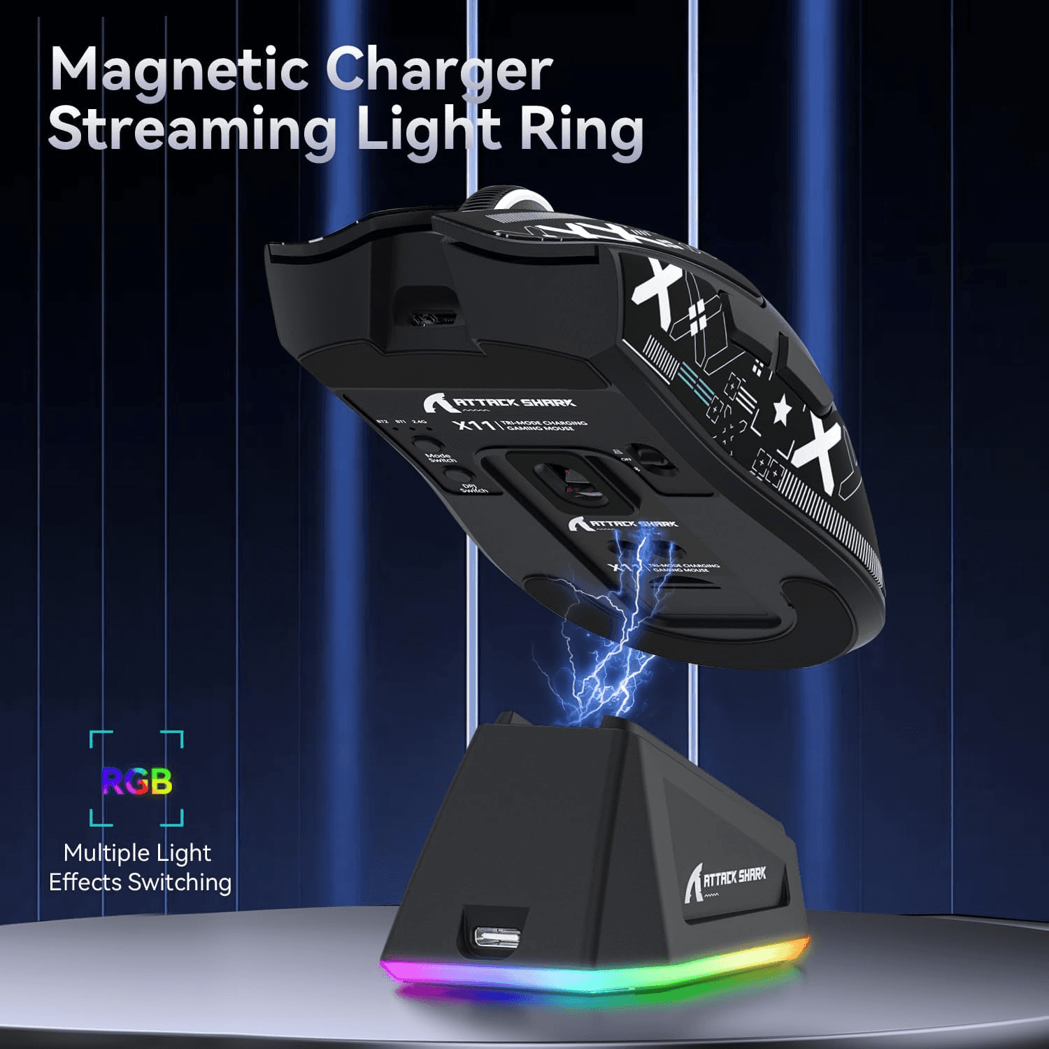 ATTACK SHARK ATTACK SHARK X11 Wireless Gaming Mouse with Magnetic Charging Dock, 63g Ultra-Lightweight, PixArt PAW3311 Sensor, & Tri-Mode Connectivity, Black | X11 - thumbnail 6