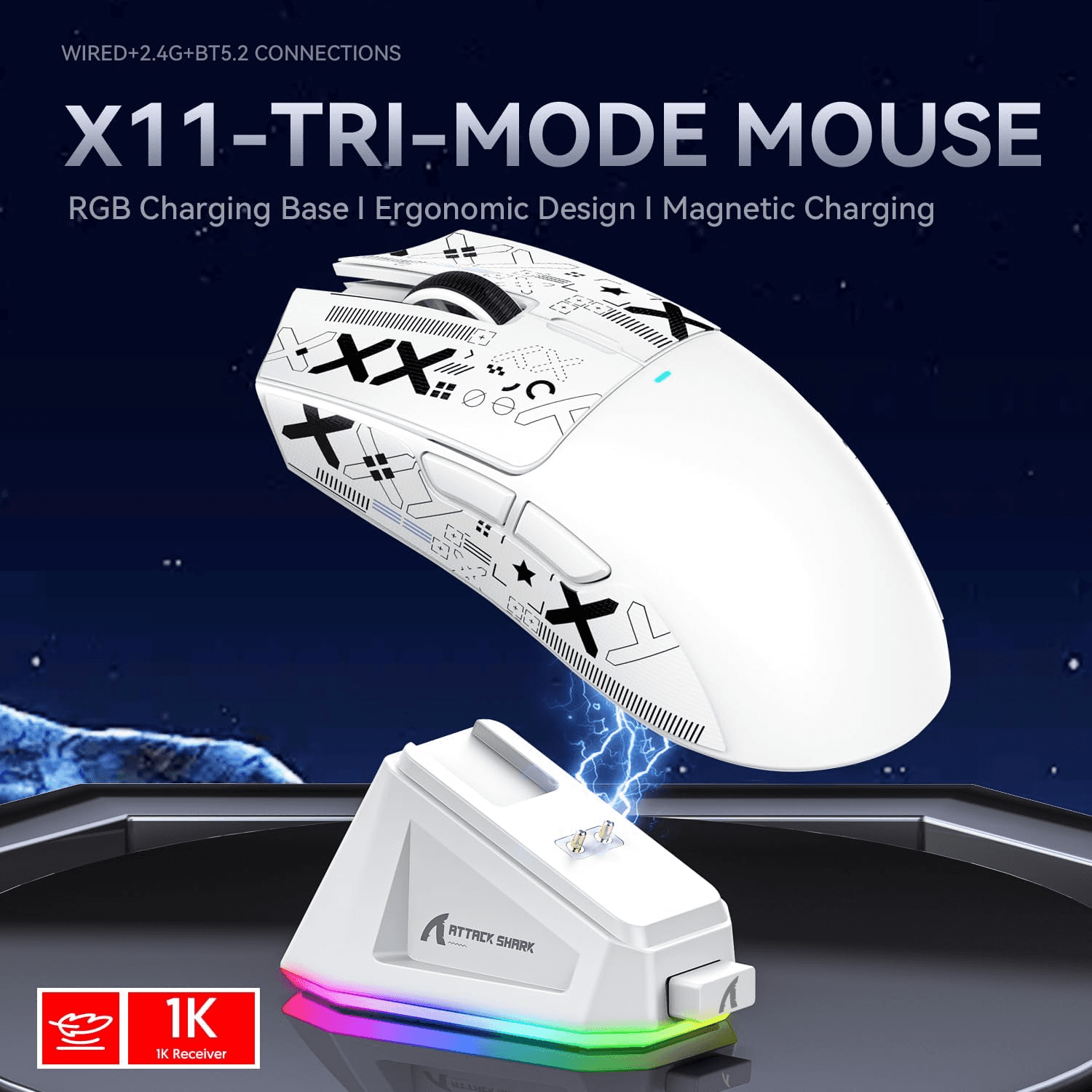 ATTACK SHARK ATTACK SHARK X11 Wireless Gaming Mouse with Charging Dock, 63g Ultra-Lightweight, PixArt PAW3311 Sensor, & Tri-Mode Connectivity, White | X11 - thumbnail 6