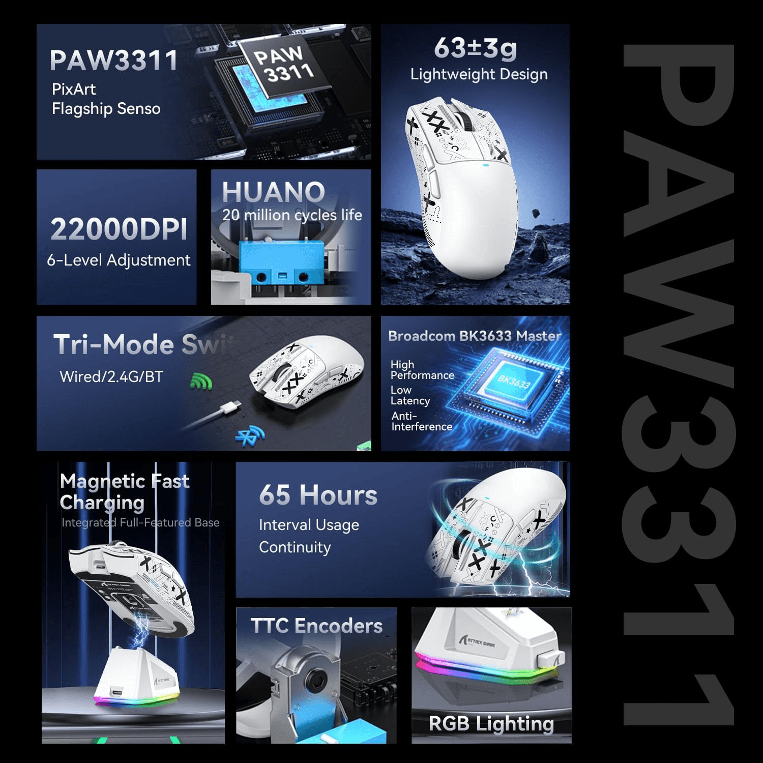 ATTACK SHARK ATTACK SHARK X11 Wireless Gaming Mouse with Charging Dock, 63g Ultra-Lightweight, PixArt PAW3311 Sensor, & Tri-Mode Connectivity, White | X11 - thumbnail 4