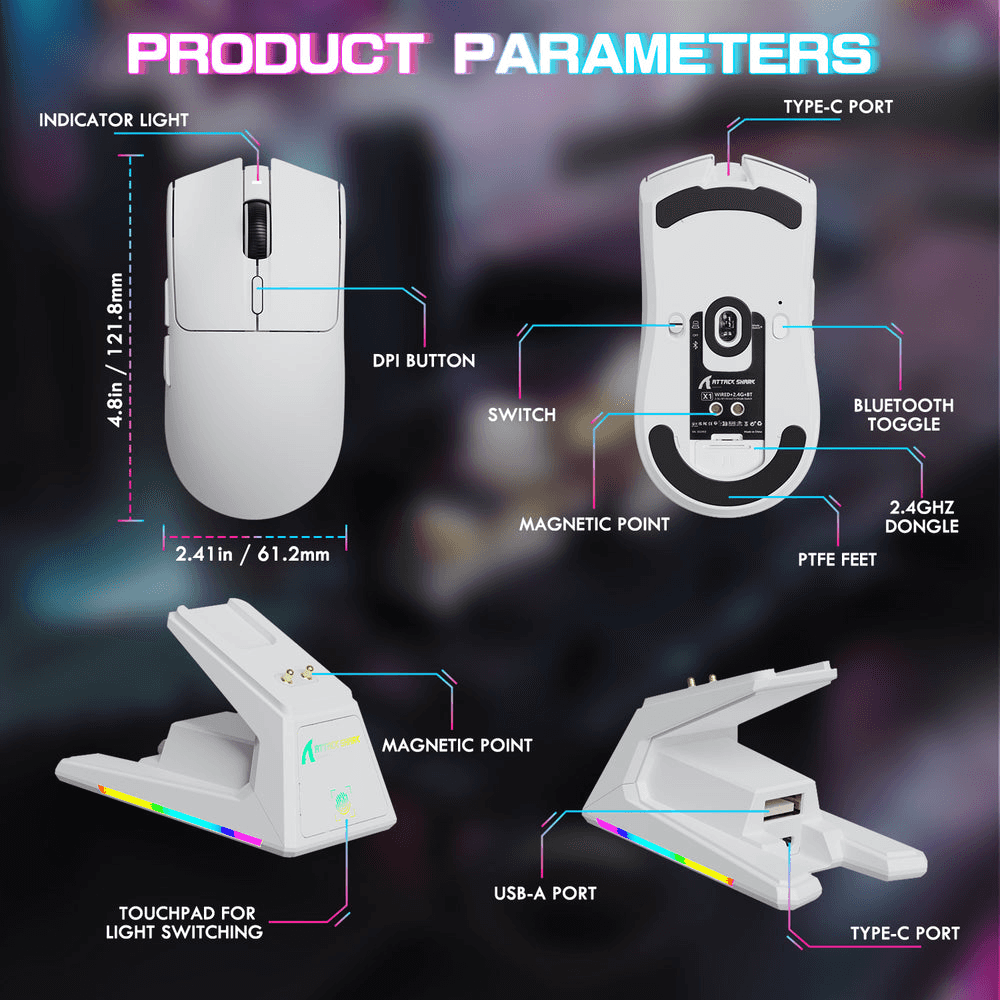 ATTACK SHARK ATTACK SHARK X1 Wireless Gaming Mouse with Touchpad RGB Charging Dock, 53g Ultra-Light, 40K DPI PAW3395PRO Sensor, & 100M Omron Switches, White | X1 - thumbnail 7