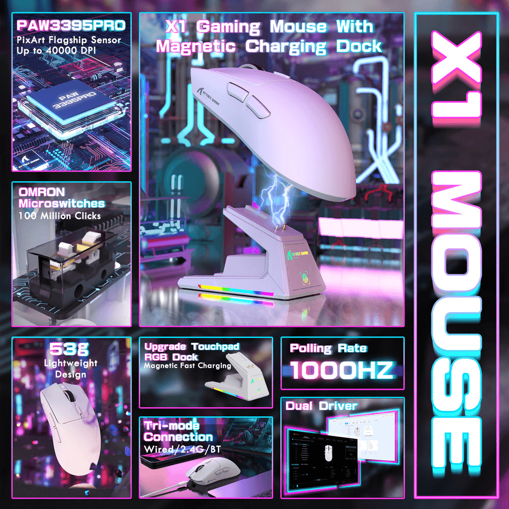 ATTACK SHARK ATTACK SHARK X1 Wireless Gaming Mouse with Touchpad RGB Charging Dock, 53g Ultra-Light, 40K DPI PAW3395PRO Sensor, & 100M Omron Switches, White | X1 - thumbnail 5