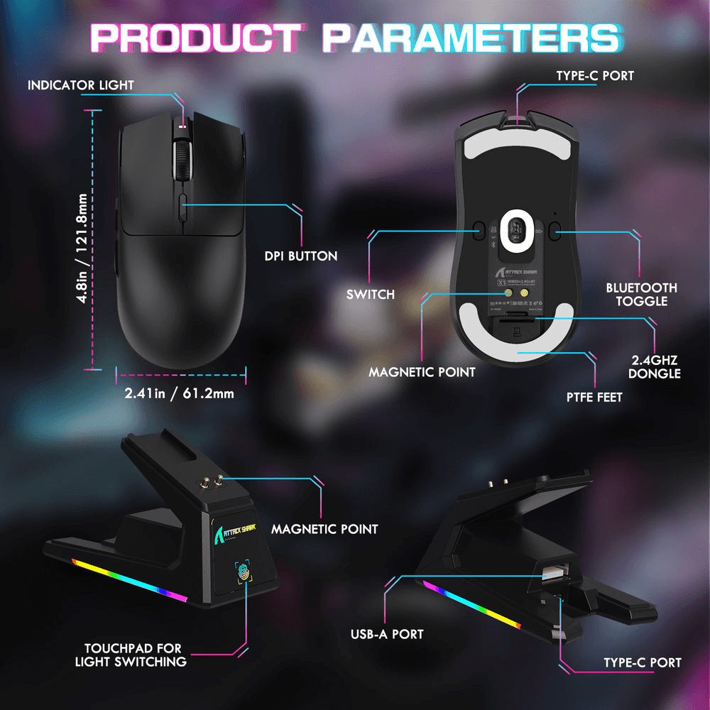 ATTACK SHARK ATTACK SHARK X1 Wireless Gaming Mouse with Touchpad RGB Charging Dock, 53g Ultra-Light, 40K DPI PAW3395PRO Sensor, & 100M Omron Switches, Black | X1 - thumbnail 7
