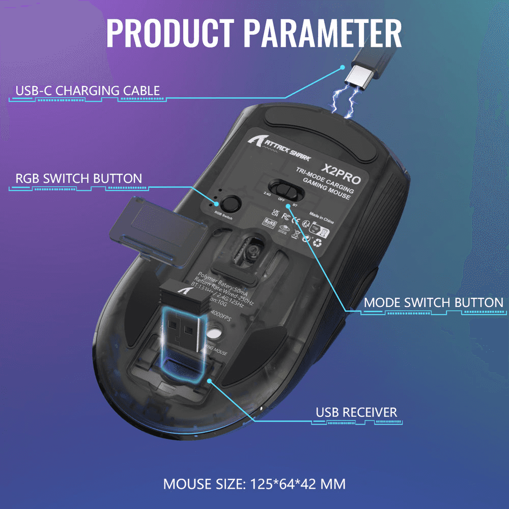 ATTACK SHARK ATTACK SHARK X2 Pro Wireless Gaming Mouse with Charging Dock, Transparent Shell, Tri-Mode (BT/2.4G/Wired), Silent Clicks, & 3D RGB, Black | X2 PRO - thumbnail 5