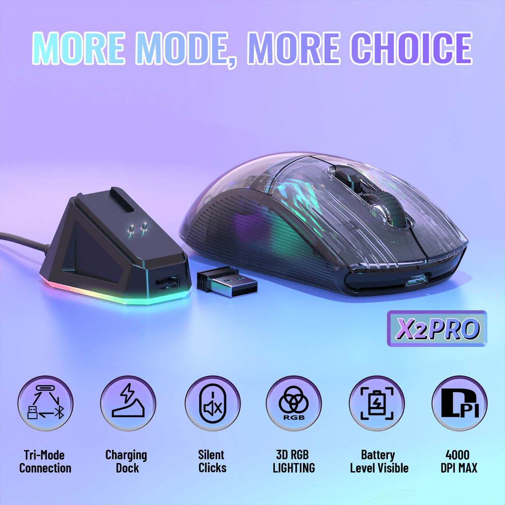 ATTACK SHARK ATTACK SHARK X2 Pro Wireless Gaming Mouse with Charging Dock, Transparent Shell, Tri-Mode (BT/2.4G/Wired), Silent Clicks, & 3D RGB, Black | X2 PRO - thumbnail 7