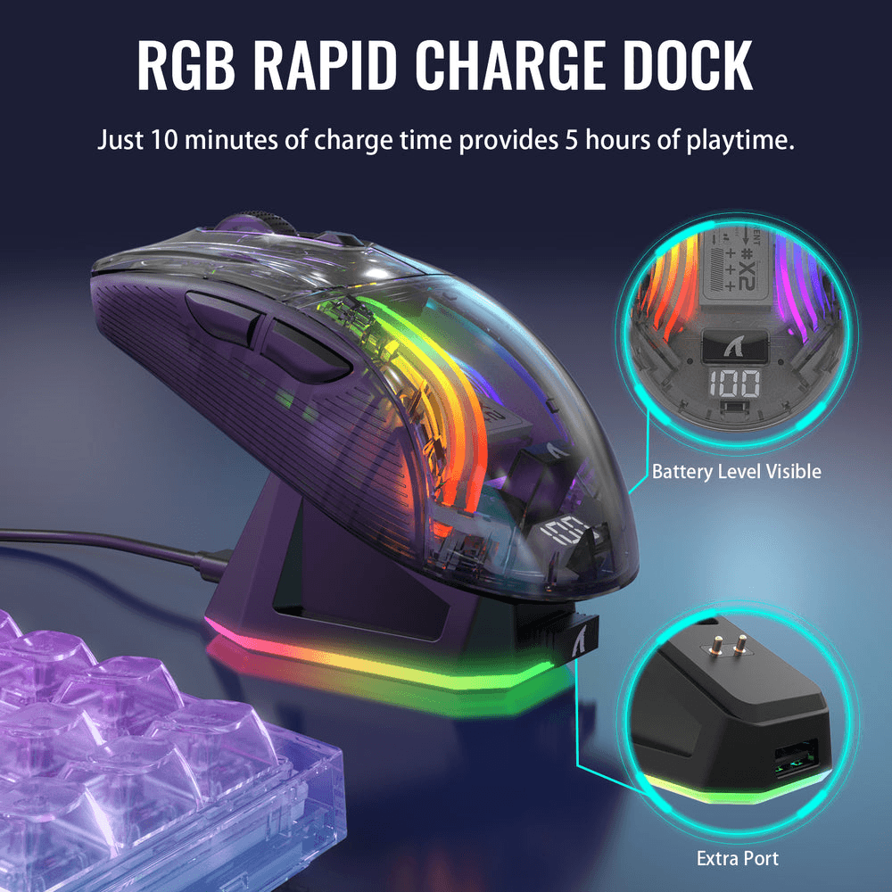 ATTACK SHARK ATTACK SHARK X2 Pro Wireless Gaming Mouse with Charging Dock, Transparent Shell, Tri-Mode (BT/2.4G/Wired), Silent Clicks, & 3D RGB, Black | X2 PRO - thumbnail 6