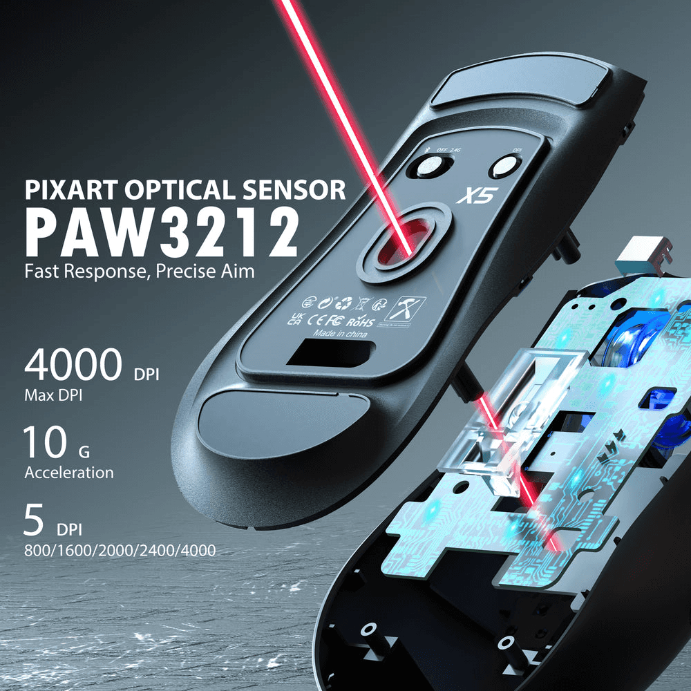 ATTACK SHARK ATTACK SHARK X5 Ultra-Lightweight Wireless Gaming Mouse, 49g Featherweight Design, Tri-Mode (BT/2.4G/Wired), RGB Accents, & Ergonomic Comfort, Black | X5 - thumbnail 5