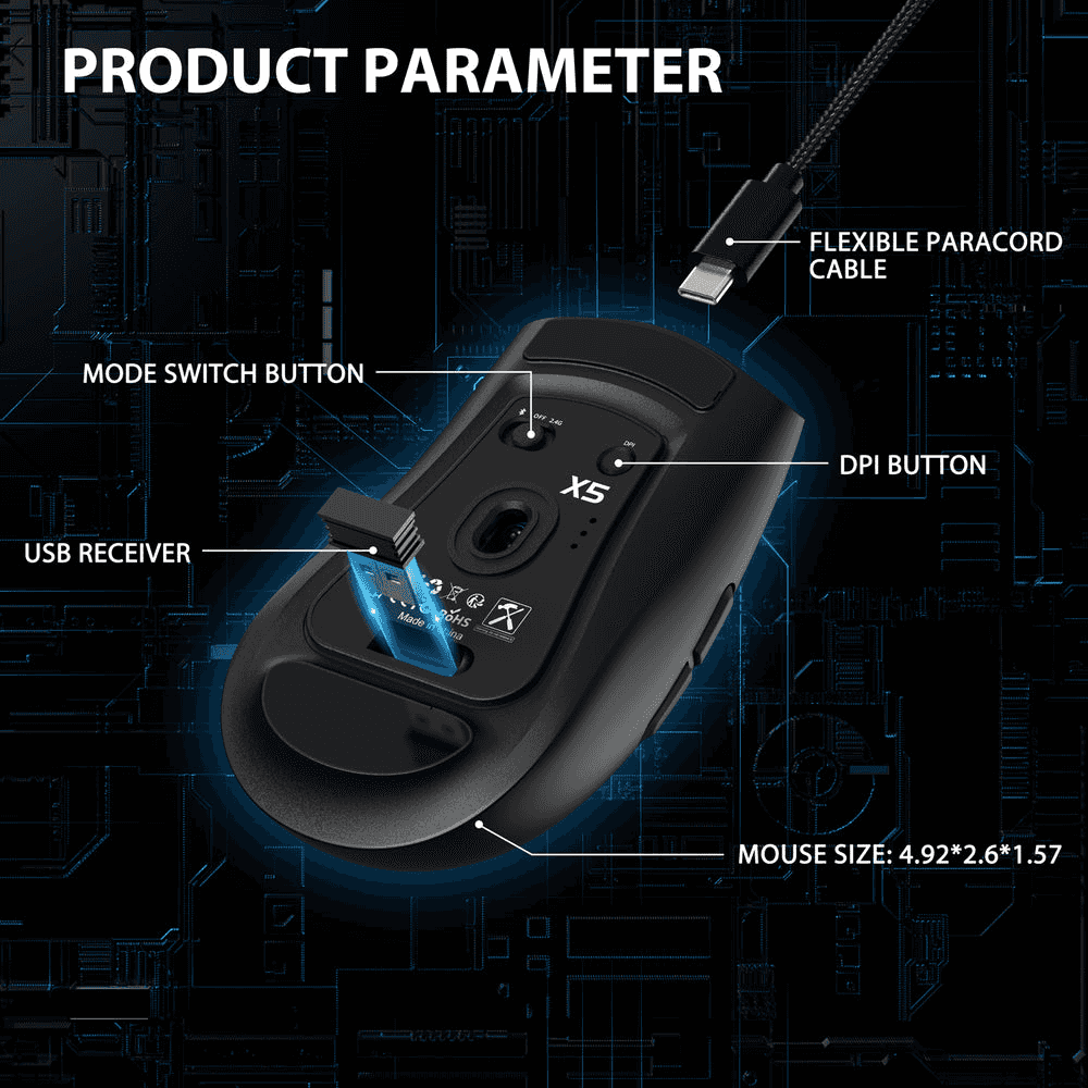 ATTACK SHARK ATTACK SHARK X5 Ultra-Lightweight Wireless Gaming Mouse, 49g Featherweight Design, Tri-Mode (BT/2.4G/Wired), RGB Accents, & Ergonomic Comfort, Black | X5 - thumbnail 4