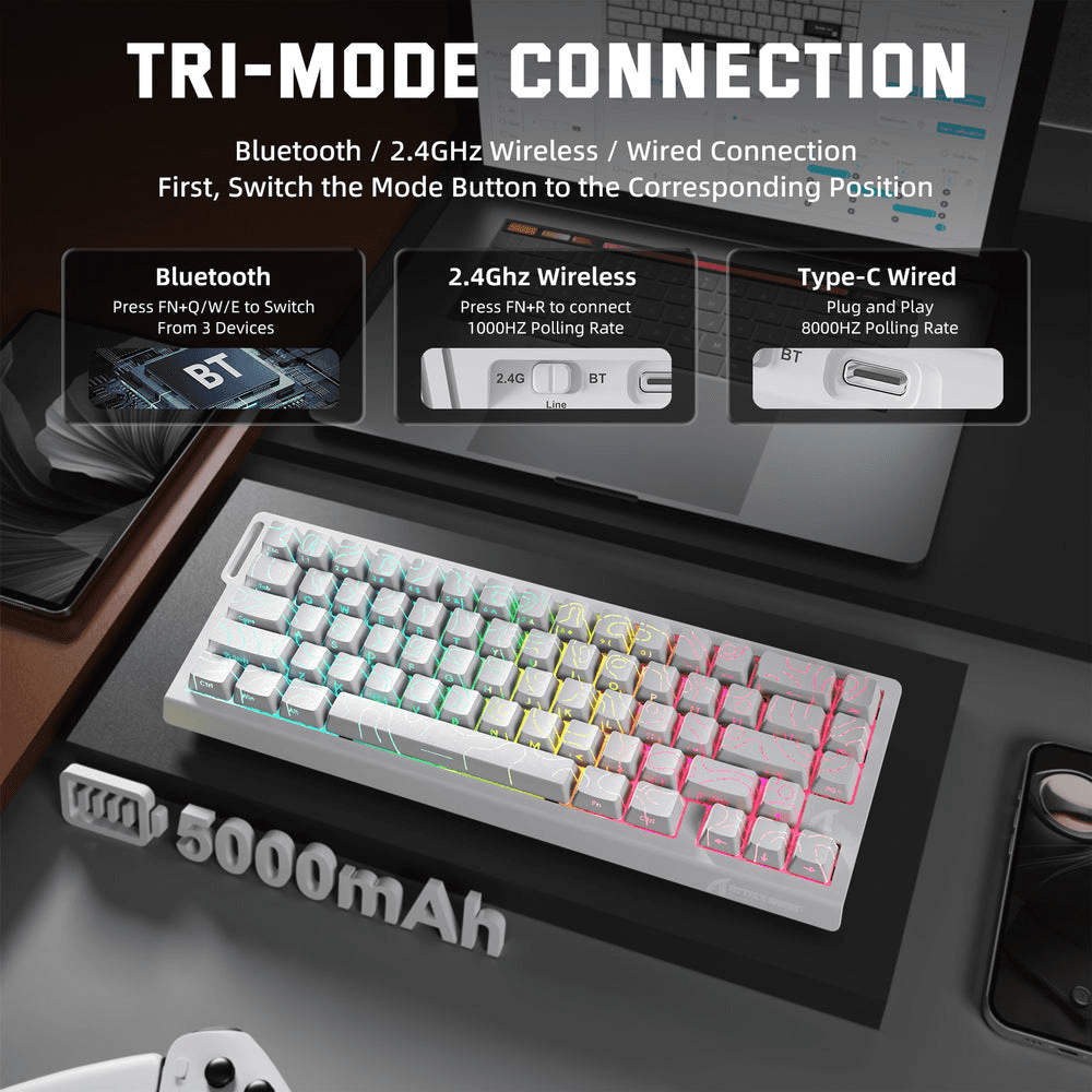 ATTACK SHARK ATTACK SHARK X68 PRO HE Wireless Magnetic Gaming Keyboard, 60% Ultra-Compact Tri-Mode, 8KHz Polling, & 0.01mm Rapid Trigger, White Contour Line | X68 PRO HE - thumbnail 3