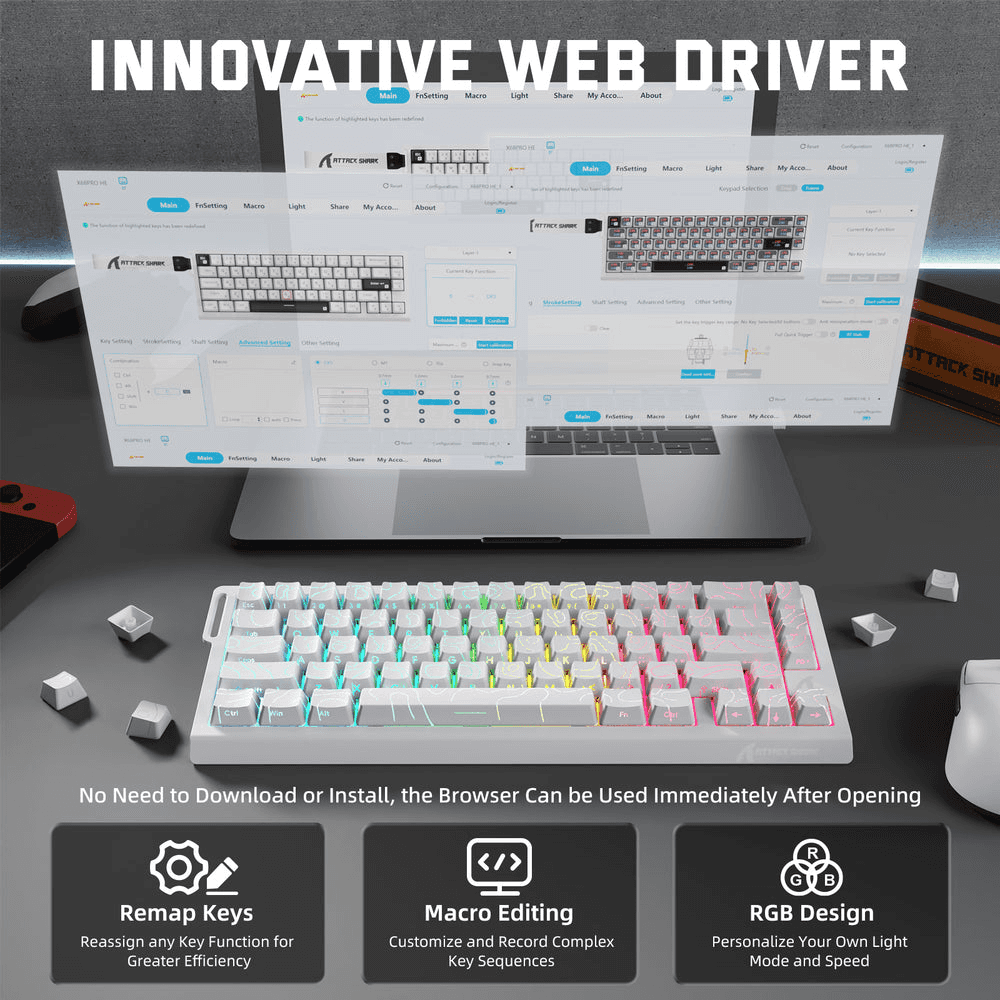 ATTACK SHARK ATTACK SHARK X68 PRO HE Wireless Magnetic Gaming Keyboard, 60% Ultra-Compact Tri-Mode, 8KHz Polling, & 0.01mm Rapid Trigger, White Contour Line | X68 PRO HE - thumbnail 5