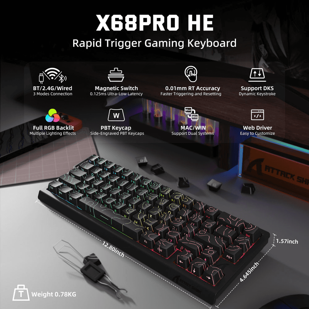 ATTACK SHARK ATTACK SHARK X68 PRO HE Wireless Magnetic Gaming Keyboard, 60% Ultra-Compact Tri-Mode, 8KHz Polling, & 0.01mm Rapid Trigger, Black Contour Line | X68 PRO HE - thumbnail 2