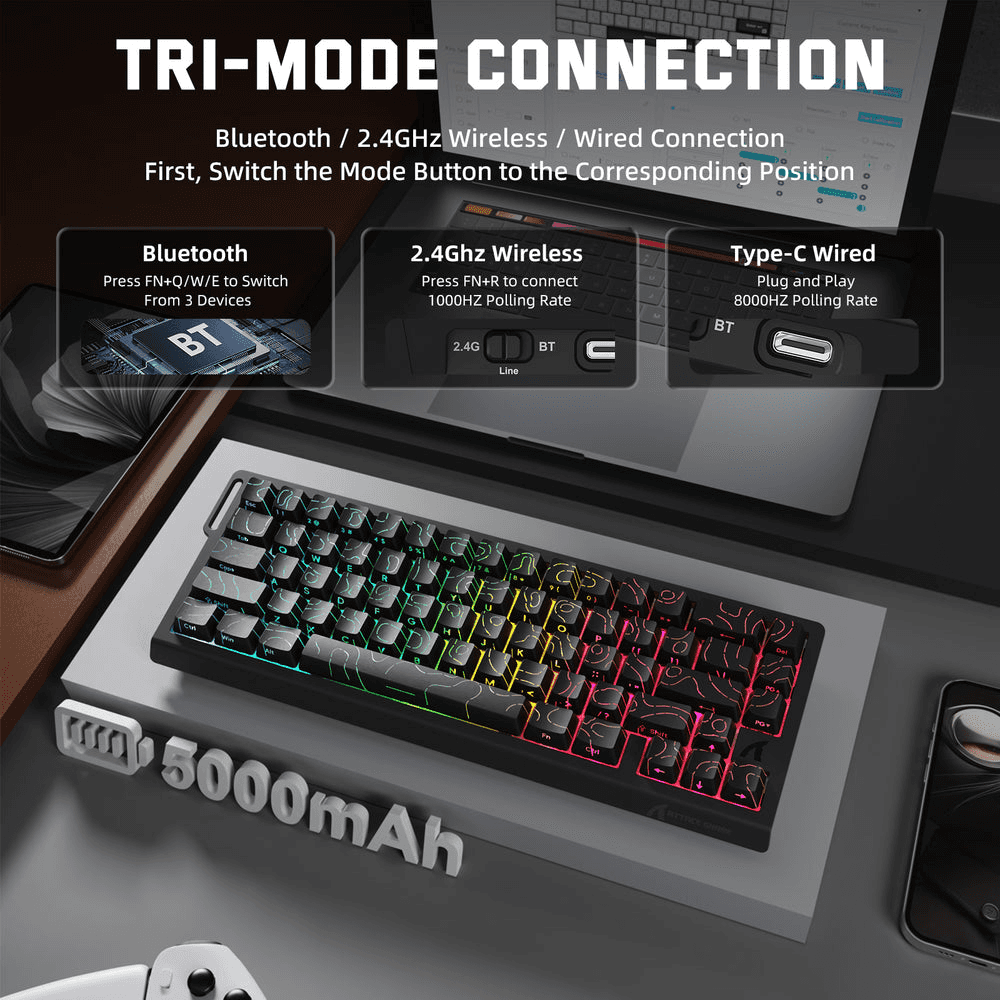ATTACK SHARK ATTACK SHARK X68 PRO HE Wireless Magnetic Gaming Keyboard, 60% Ultra-Compact Tri-Mode, 8KHz Polling, & 0.01mm Rapid Trigger, Black Contour Line | X68 PRO HE - thumbnail 5
