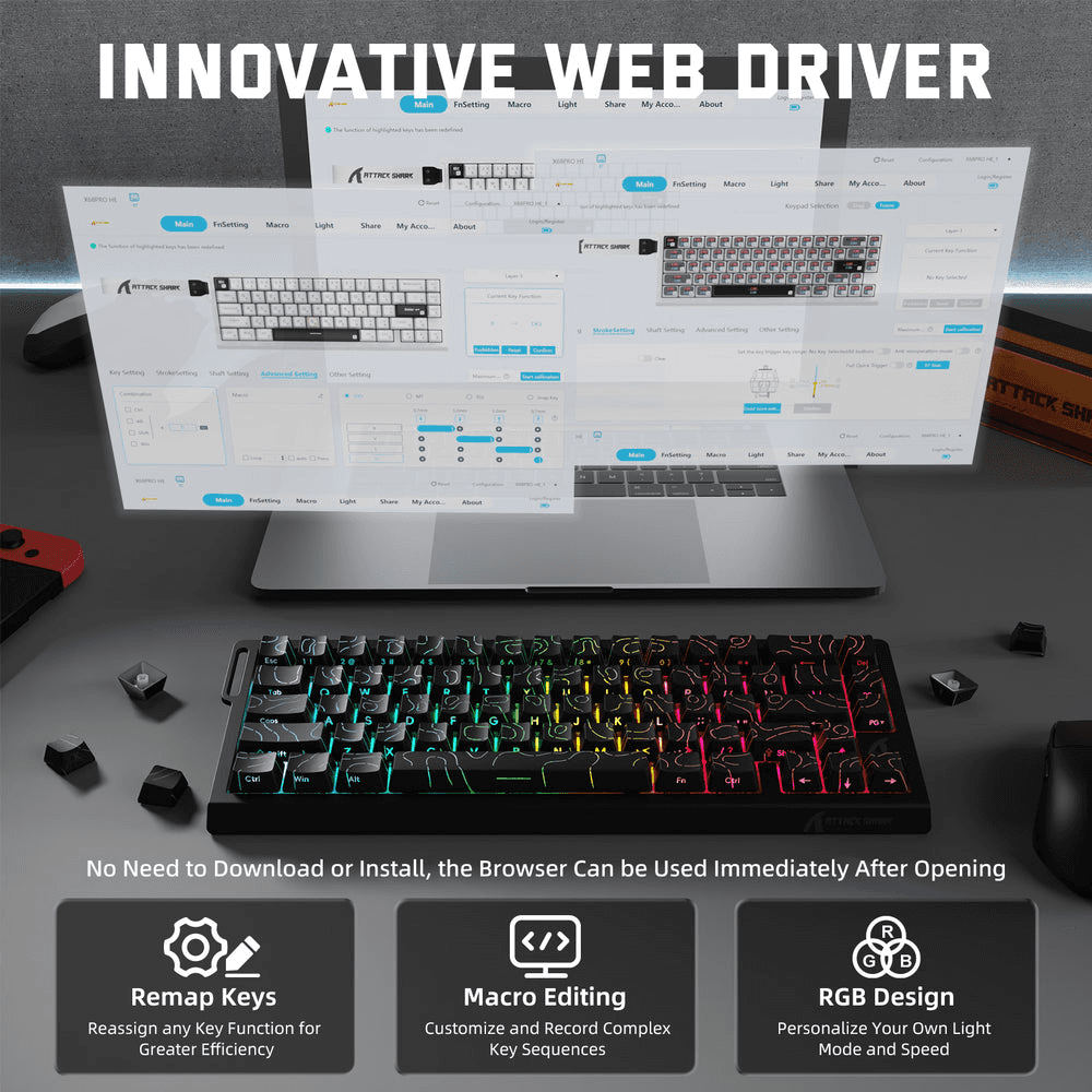 ATTACK SHARK ATTACK SHARK X68 PRO HE Wireless Magnetic Gaming Keyboard, 60% Ultra-Compact Tri-Mode, 8KHz Polling, & 0.01mm Rapid Trigger, Black Contour Line | X68 PRO HE - thumbnail 6