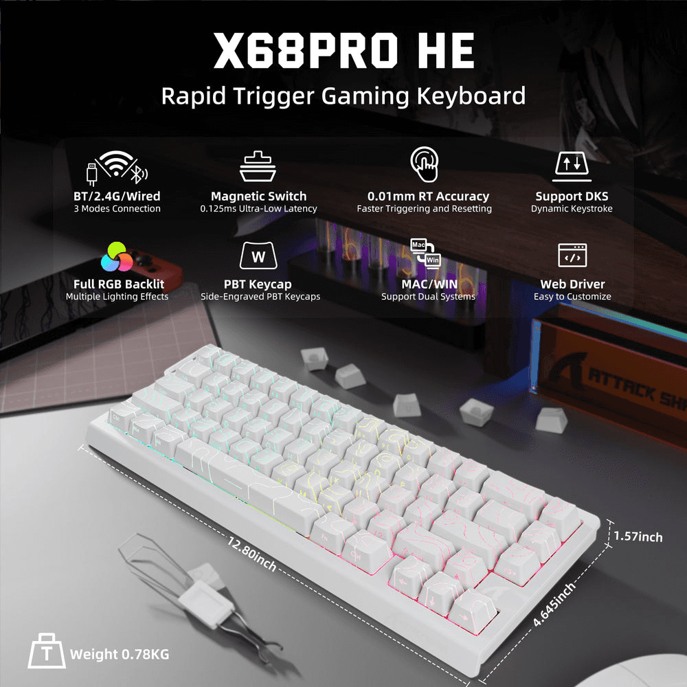 ATTACK SHARK ATTACK SHARK X68 PRO HE Wireless Magnetic Gaming Keyboard, 60% Ultra-Compact Tri-Mode, 8KHz Polling, & 0.01mm Rapid Trigger, White Contour Line | X68 PRO HE - thumbnail 2