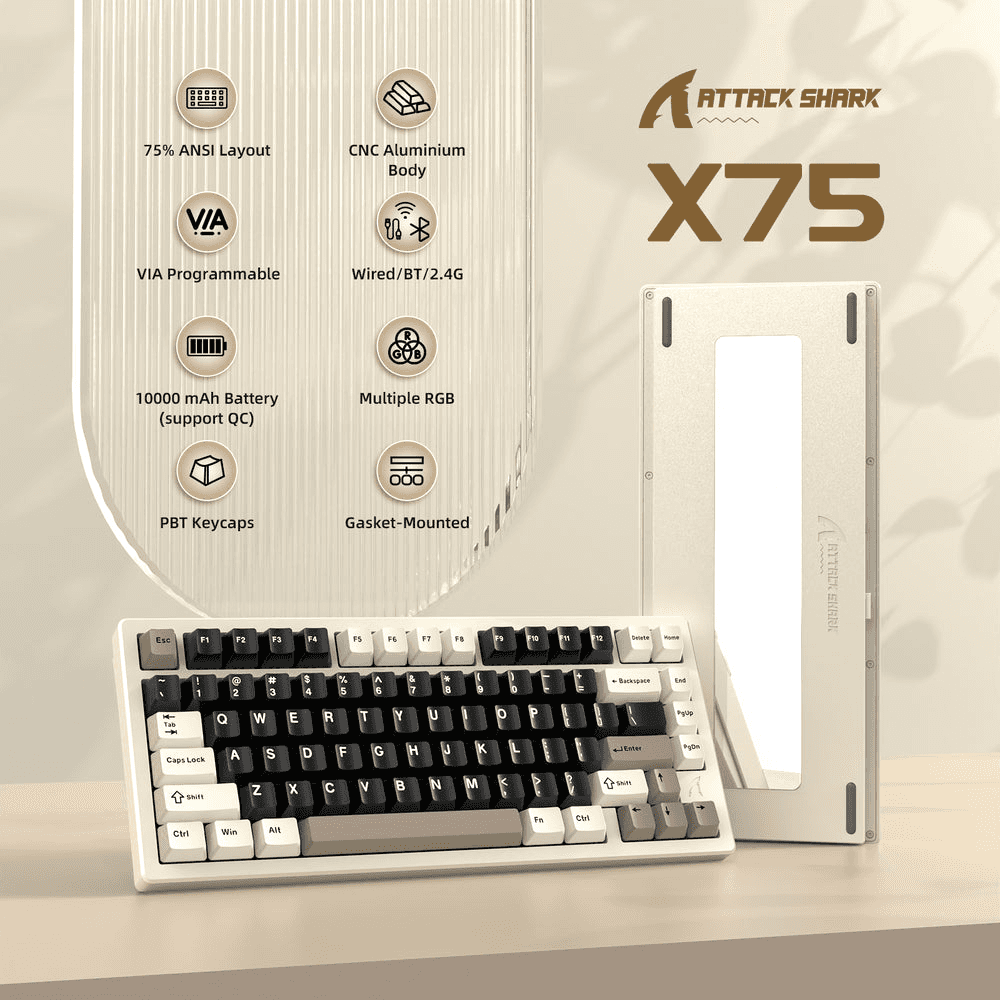 ATTACK SHARK ATTACK SHARK X75 Full Aluminum Wireless Mechanical Keyboard, 75% CNC Aluminum, Kailh Cheese White Switches, & 10000mAh Battery, White | X75 - thumbnail 2