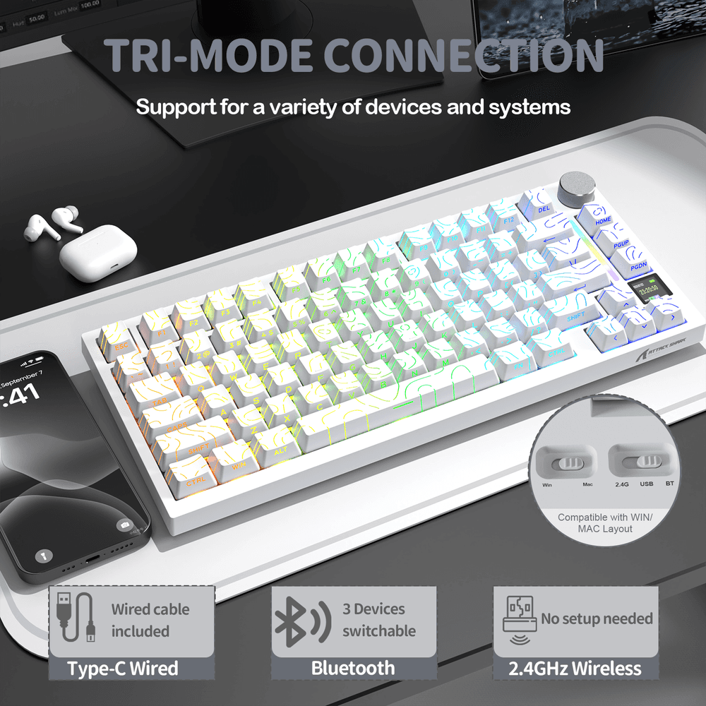 ATTACK SHARK ATTACK SHARK X820 Ultra Tri-Mode Gasket Mechanical Keyboard, 75% Layout, TFT Smart Display, Multimedia Knob, & Hot-Swappable, White Contours | X820 Ultra - thumbnail 3