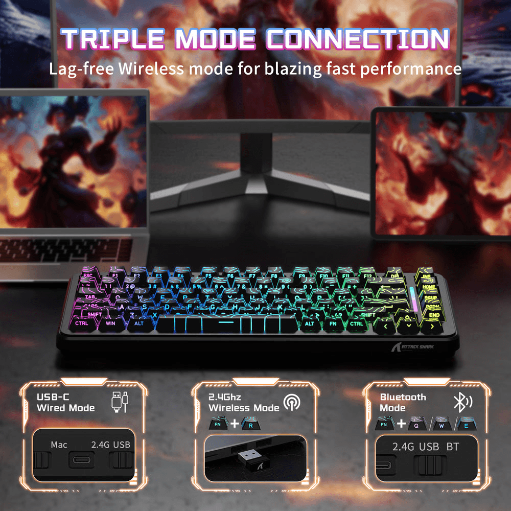 ATTACK SHARK ATTACK SHARK X82 PRO HE Wireless Magnetic Gaming Keyboard, 75% Tri-Mode, 8KHz Polling, 0.01mm Rapid Trigger, & Comic Keycaps, Black Contours | X82 PRO HE - thumbnail 4