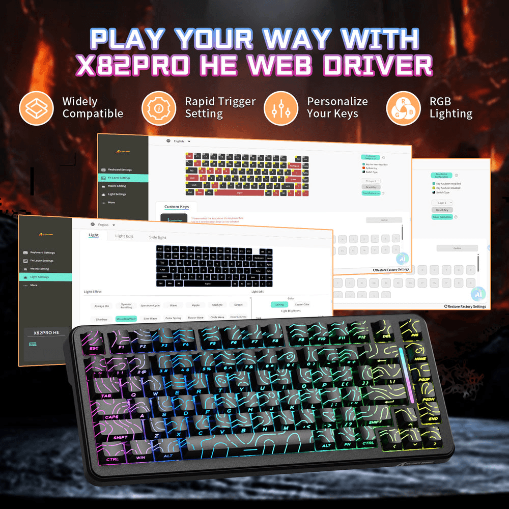 ATTACK SHARK ATTACK SHARK X82 PRO HE Wireless Magnetic Gaming Keyboard, 75% Tri-Mode, 8KHz Polling, 0.01mm Rapid Trigger, & Comic Keycaps, Black Contours | X82 PRO HE - thumbnail 2