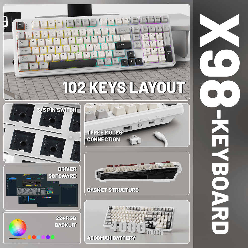 ATTACK SHARK ATTACK SHARK X98 Wireless Mechanical Keyboard – 102-Key Full-Size Layout, Gasket-Mount, Tri-mode, Pre-Lubed Strawberry Switches, White | X98 - thumbnail 2