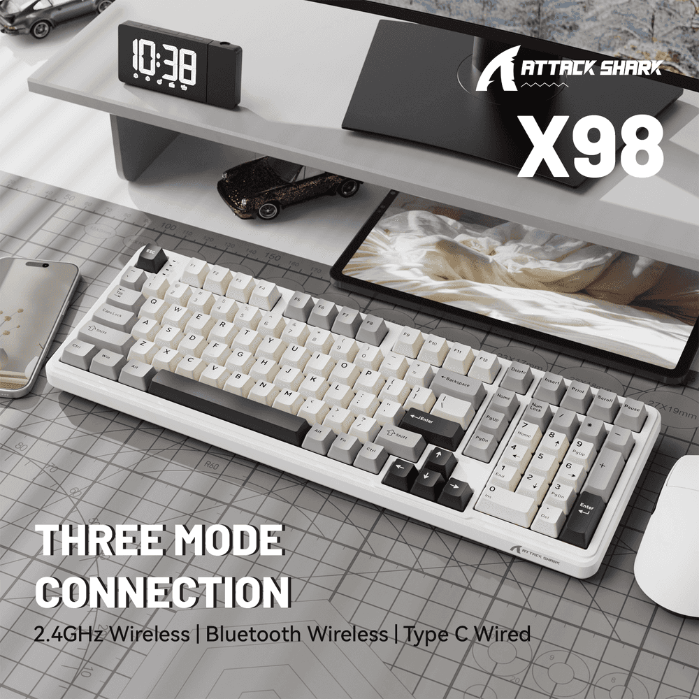 ATTACK SHARK ATTACK SHARK X98 Wireless Mechanical Keyboard – 102-Key Full-Size Layout, Gasket-Mount, Tri-mode, Pre-Lubed Strawberry Switches, White | X98 - thumbnail 3