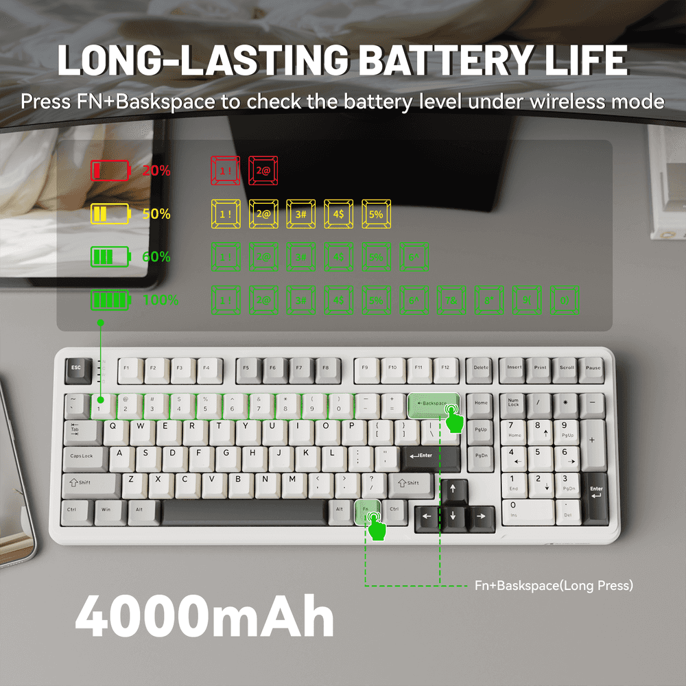 ATTACK SHARK ATTACK SHARK X98 Wireless Mechanical Keyboard – 102-Key Full-Size Layout, Gasket-Mount, Tri-mode, Pre-Lubed Strawberry Switches, White | X98 - thumbnail 4