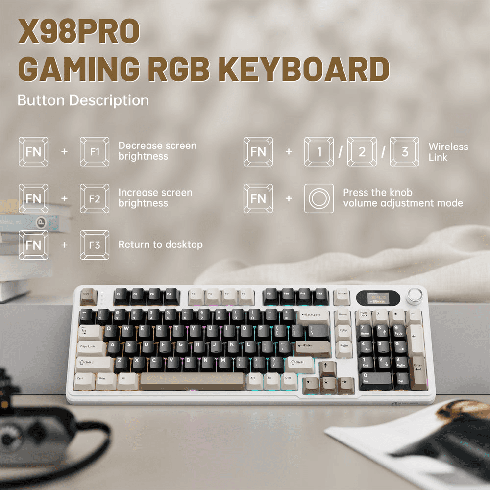 ATTACK SHARK ATTACK SHARK X98 PRO Wireless Gaming Keyboard, 99-Key Gasket Mount, Tri-Mode LED Color Display, & 5-Layer Muffler Tech, Cheese White | X98 PRO - thumbnail 6