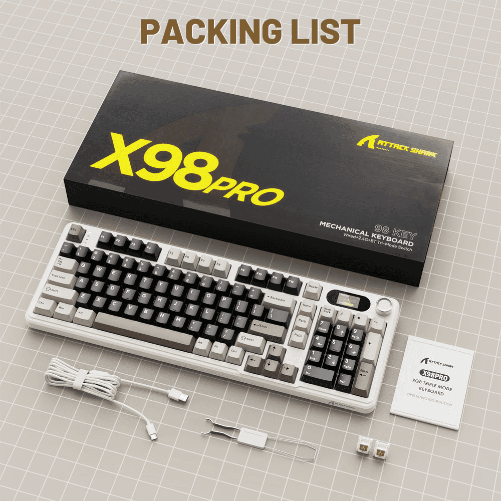 ATTACK SHARK ATTACK SHARK X98 PRO Wireless Gaming Keyboard, 99-Key Gasket Mount, Tri-Mode LED Color Display, & 5-Layer Muffler Tech, Cheese White | X98 PRO - thumbnail 7