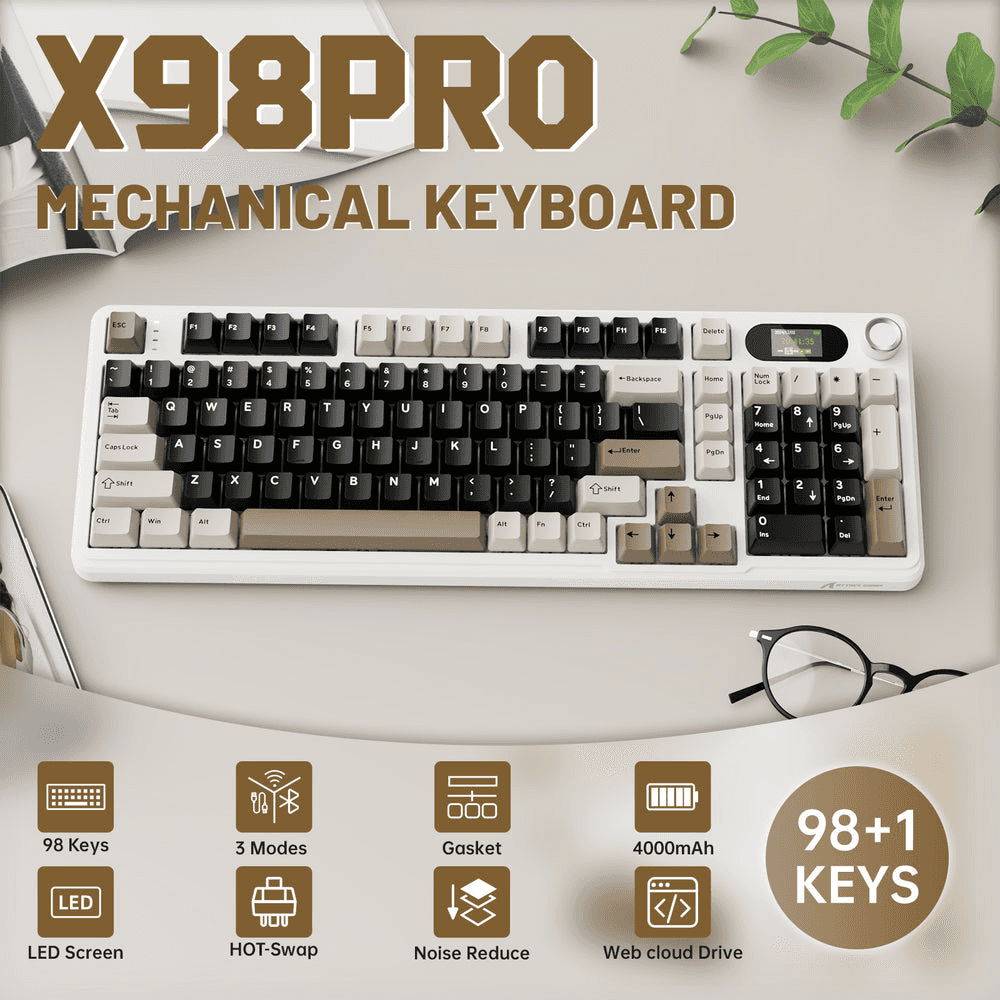 ATTACK SHARK ATTACK SHARK X98 PRO Wireless Gaming Keyboard, 99-Key Gasket Mount, Tri-Mode LED Color Display, & 5-Layer Muffler Tech, Cheese White | X98 PRO - thumbnail 2