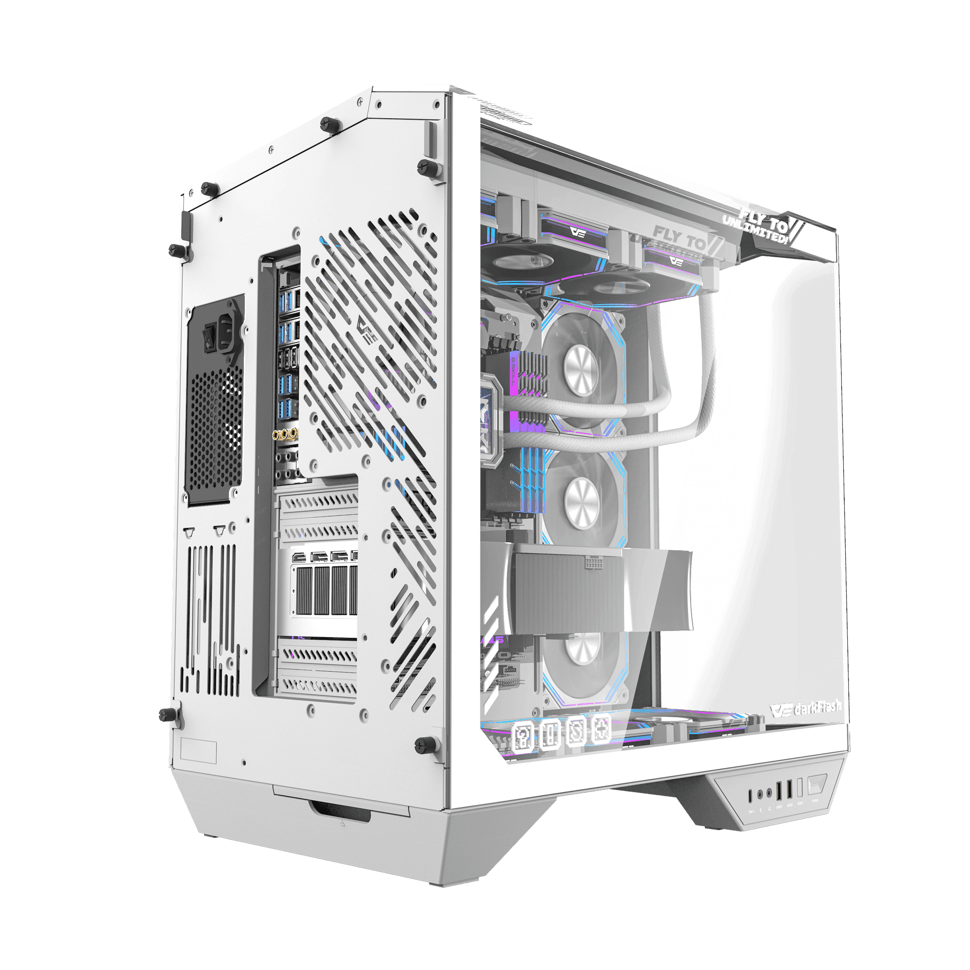 Darkflash Darkflash DY470 ATX/MATX/ITX Triple Glass White Gaming PC Case with 4x 120MM ARGB Fans & GPU Holder, Triple Glass Design, Supports 360MM Radiators, USB Type-C, - thumbnail 3