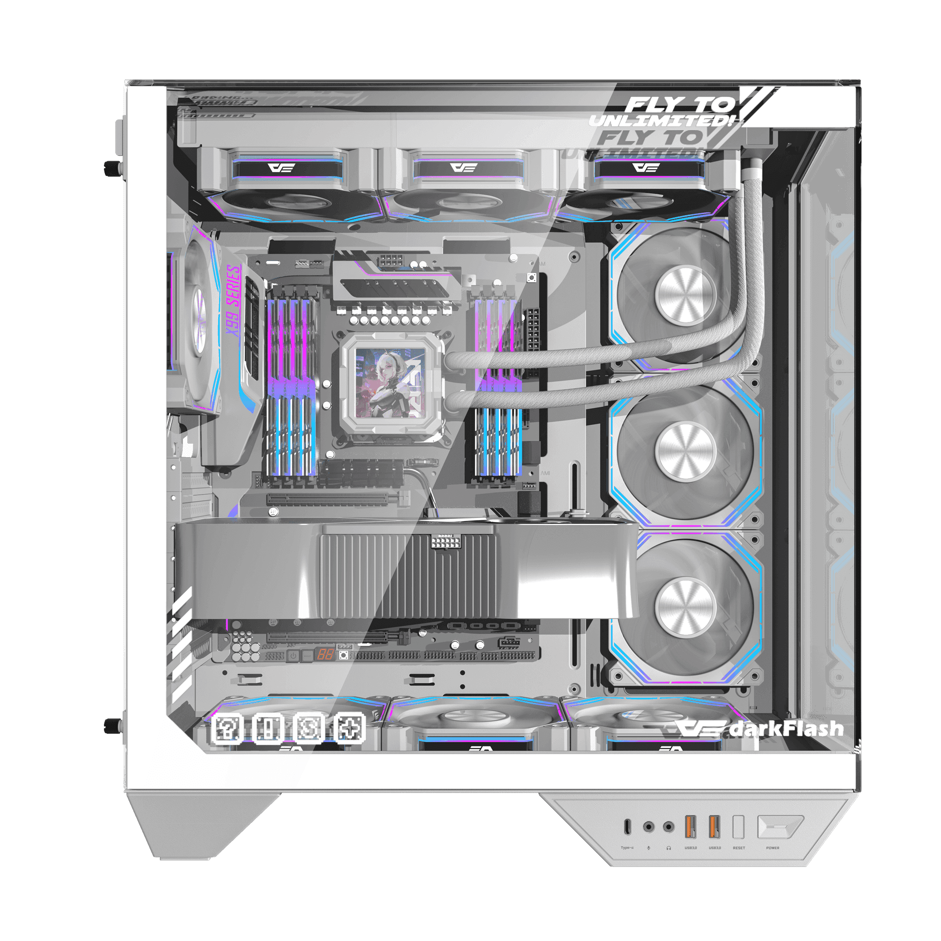 Darkflash Darkflash DY470 ATX/MATX/ITX Triple Glass White Gaming PC Case with 4x 120MM ARGB Fans & GPU Holder, Triple Glass Design, Supports 360MM Radiators, USB Type-C, - thumbnail 4
