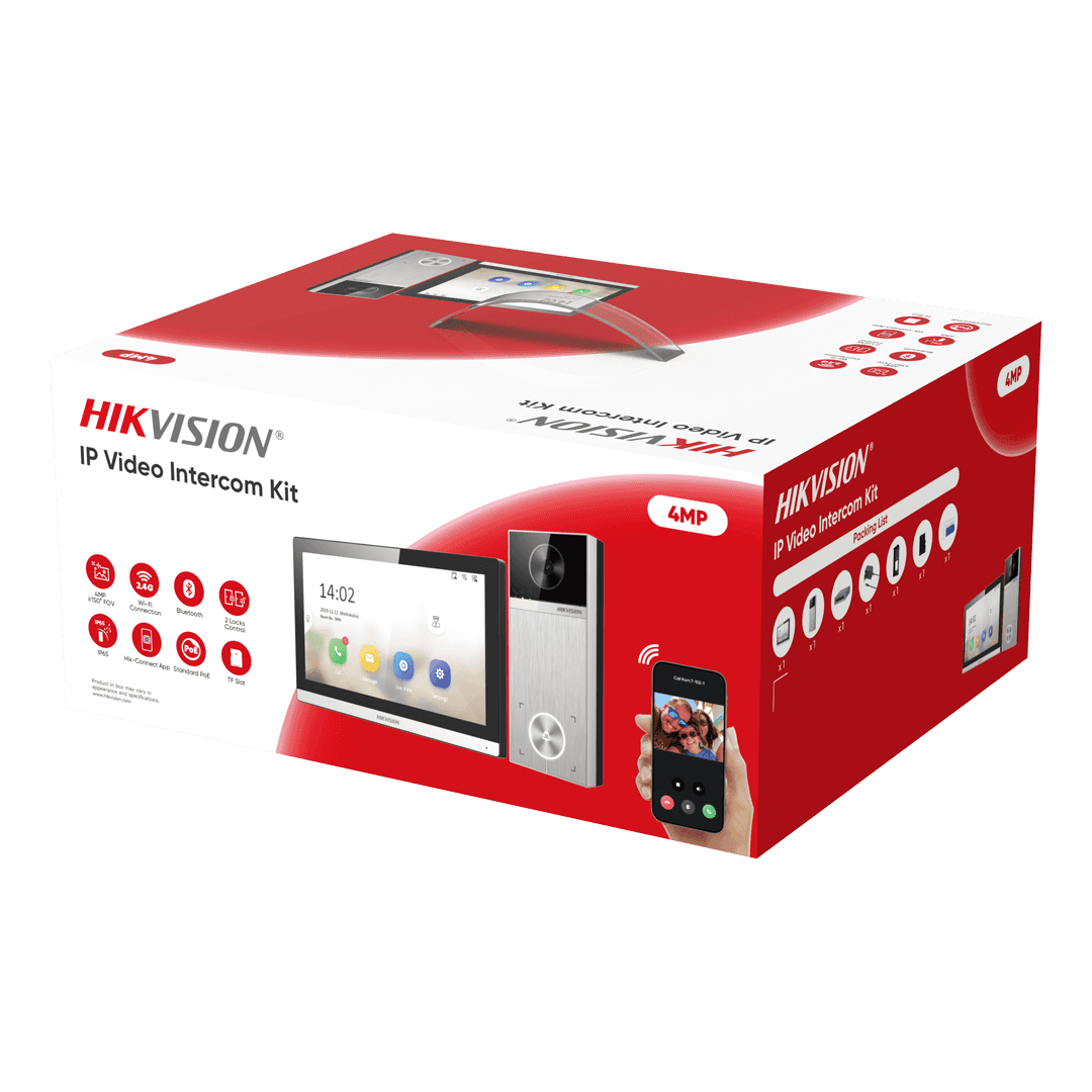 HIKVISION Hikvision DS-KIS611-S IP Video Intercom Kit: 4MP 150° Wide-Angle Door Station (DS-KV6114-MWBE1), 7" Touch Indoor Station (DS-KH6350-WTE1), 4-Port PoE Switch, Rain Shield (DS-KABV6114-RS), 32GB TF Card, PSU, Admin Card & 5x Key Fobs - thumbnail 1