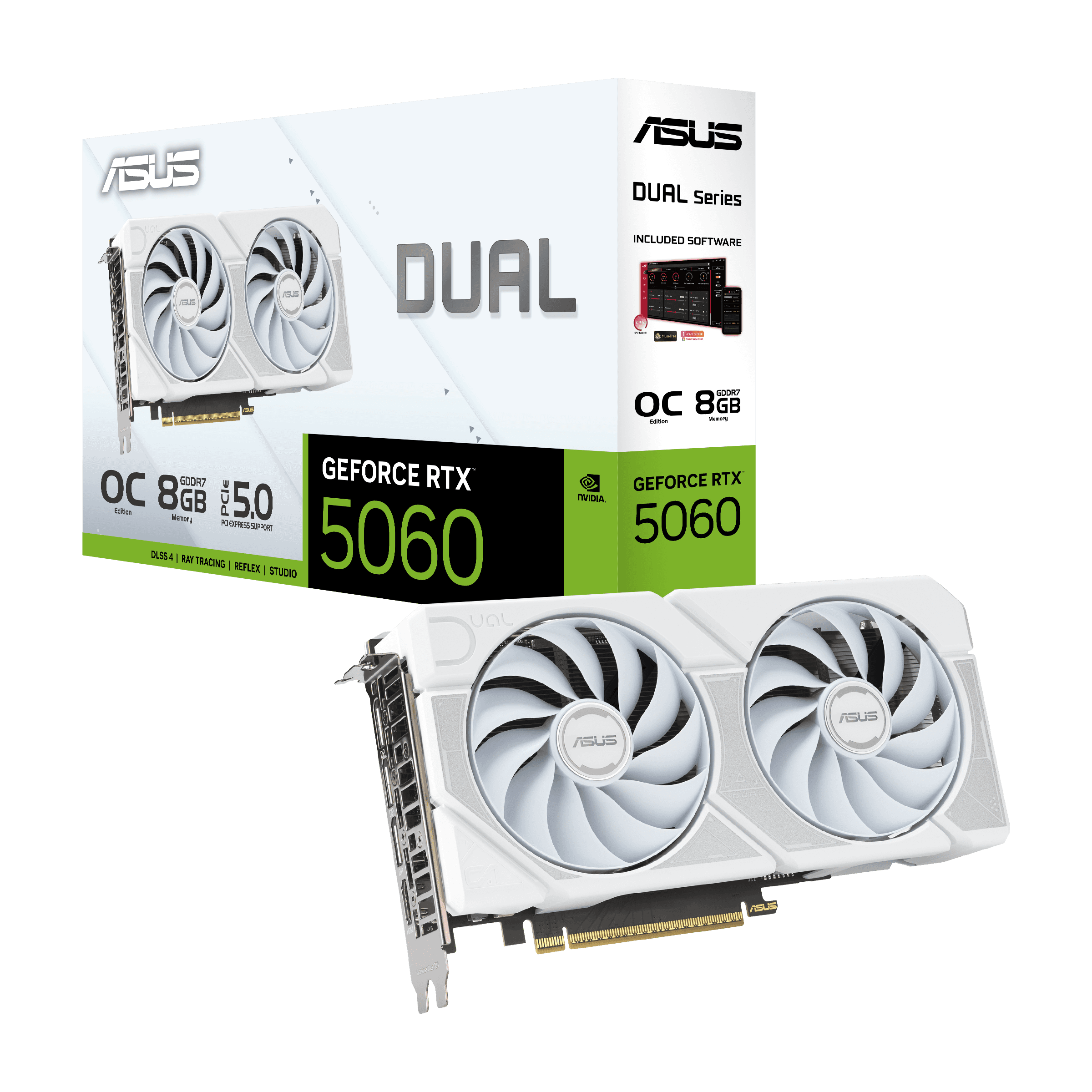 ASUS NVIDIA Dual GeForce RTX 5060 White OC Edition 8GB GDDR7 Graphics Card, 128-bit  28 Gbps, 623 AI TOPs, Blackwell Architecture | 90YV0N15-M0NA00 thumbnail 1
