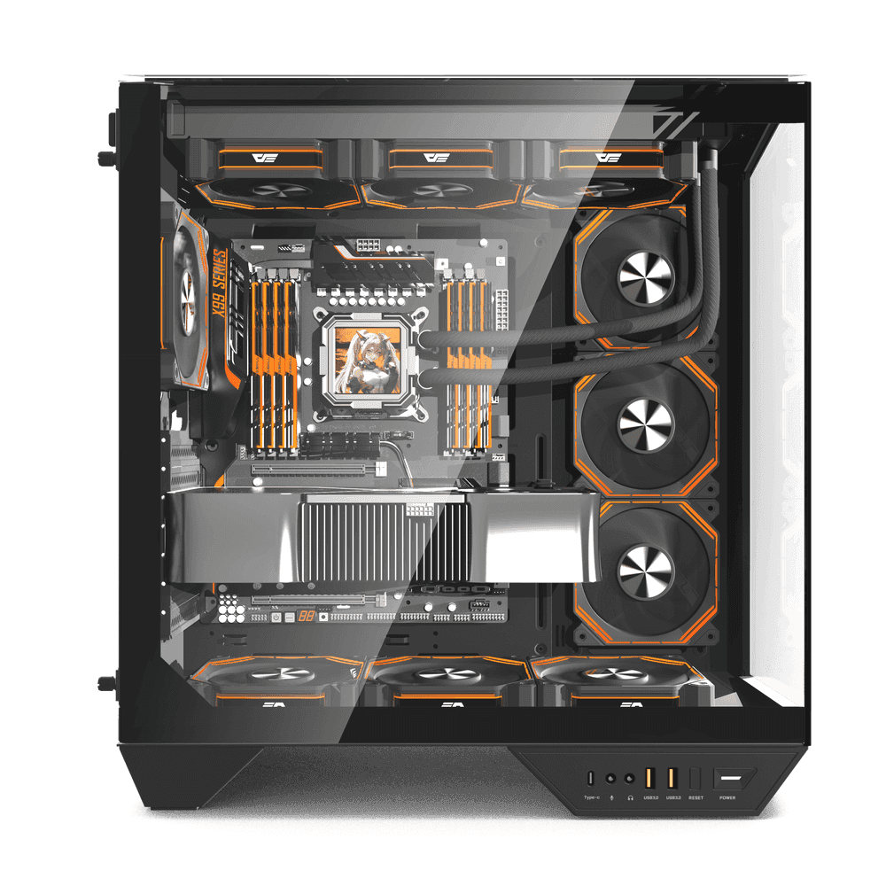 Darkflash Darkflash DY470 ATX/MATX/ITX Triple Glass Black Gaming PC Case with 4x 120MM ARGB Fans & GPU Holder, Triple Glass Design, Supports 360MM Radiators, USB Type-C - thumbnail 2