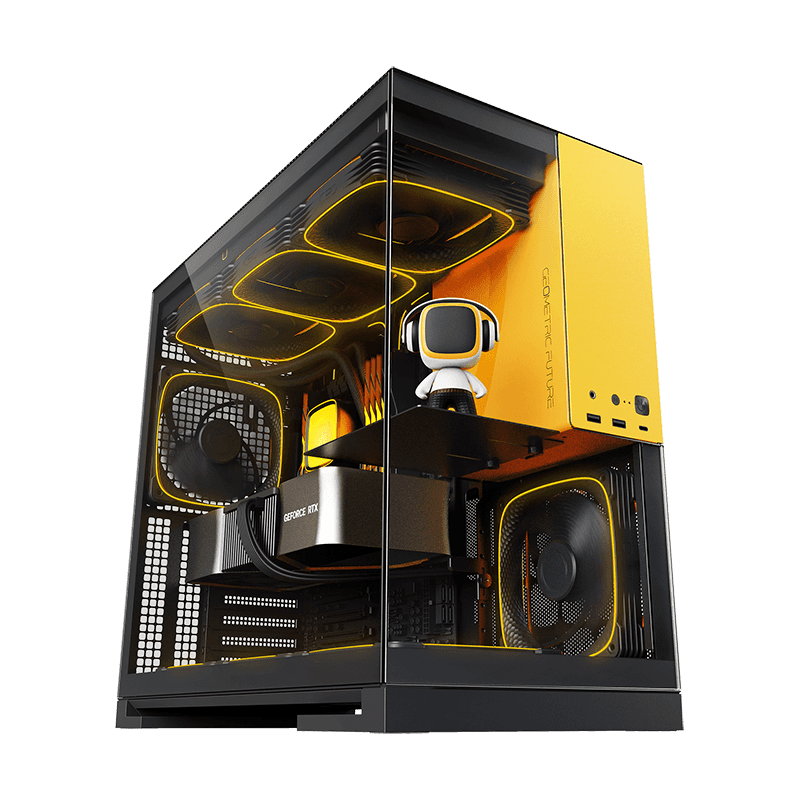 GEOMETRIC FUTURE Geometric Future Model 5 Glass Tower Case, Supports 420mm Radiator, E-ATX Motherboards, 5 Preinstalled Fans | GEO-M5F-BG - Color: Black / Yellow
