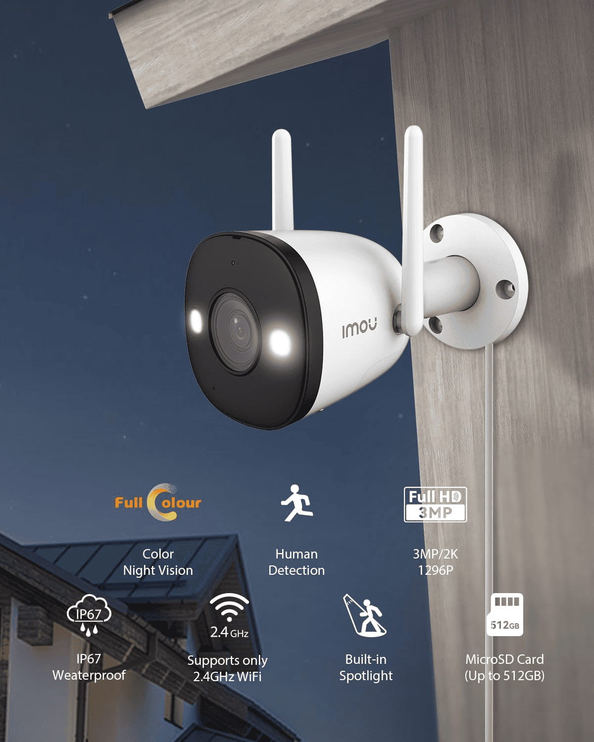 IMOU IMOU IPC-K3DP-3H0WF Bullet 2E 3MP Outdoor Security Camera, Smart Full-Color Night Vision, IP67 Weatherproof, AI Human Detection, Wi-Fi 6 - thumbnail 3