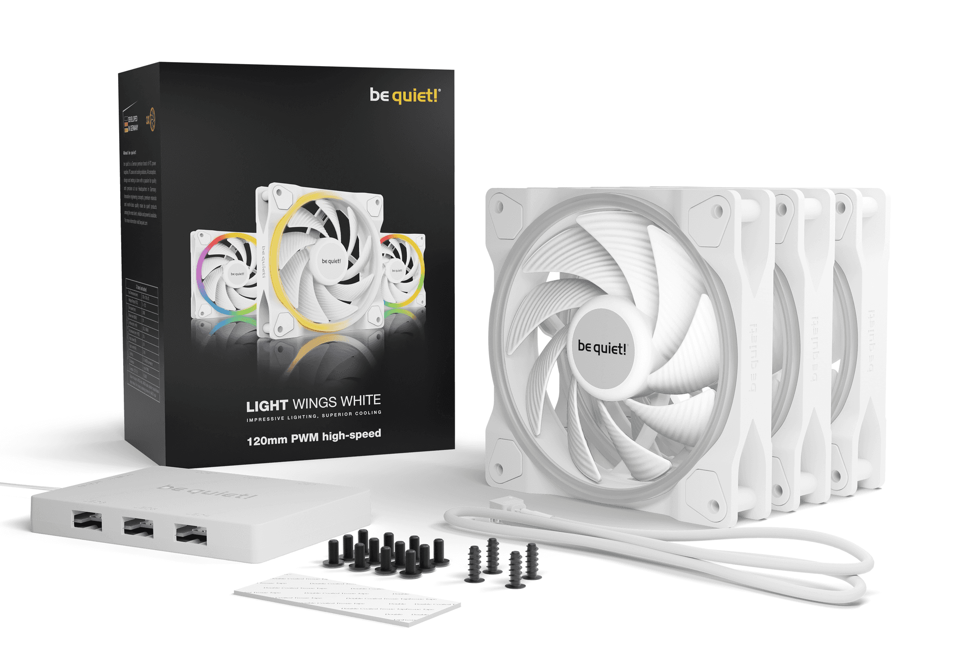 Be Quiet! Light Wings 120mm PWM High-Speed ARGB Case Fans, 9 Silence-Optimized Fan Blades, Up to 88.86 CFM Airflow & 2500 RPM Fan Speed, Rifle Bearing Technology, Triple Pack, White | BL101 - thumbnail 3