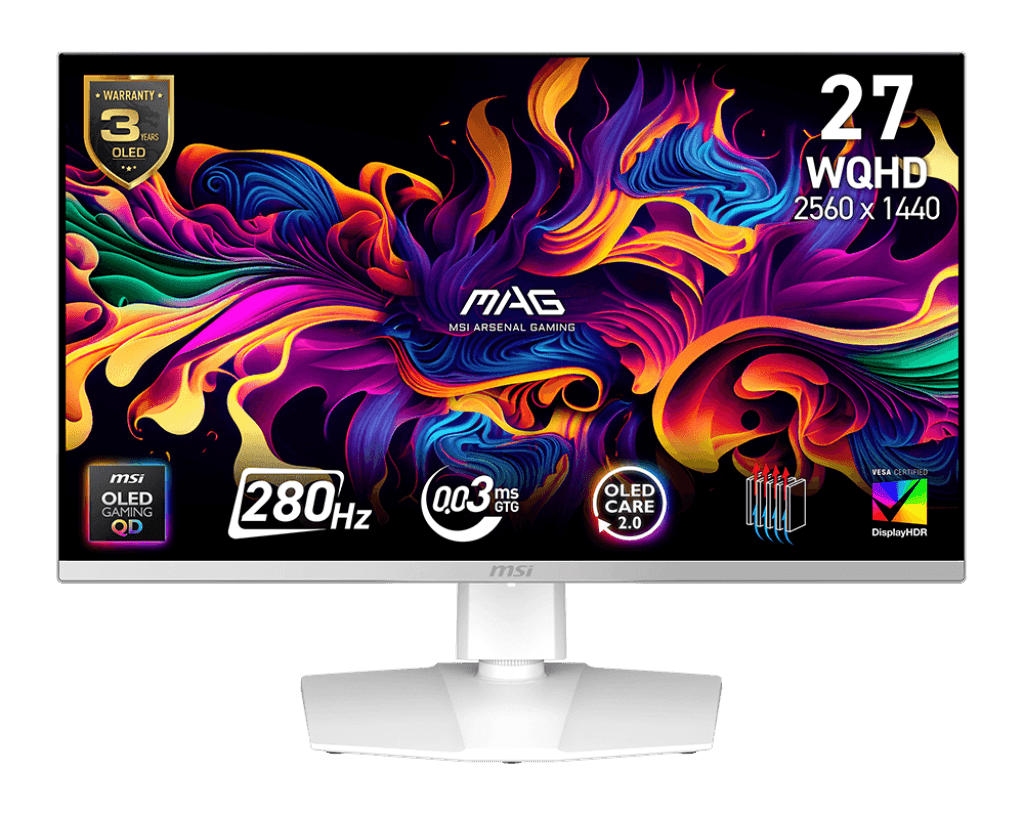 MSI MAG 272QPW QD-OLED X28 27" QHD 280Hz Flat 27 Inch Gaming Monitor, WQHD (2560 x 1440) QD-OLED, Ultra-low 0.03 ms Response time, 8% Adobe RGB, 138% sRGB, 99% DCI-P3, VESA DisplayHDR True Black 400, 4-way Adjustable stand, 3-year Warranty | 9S6-3CD79A-040 - thumbnail 1