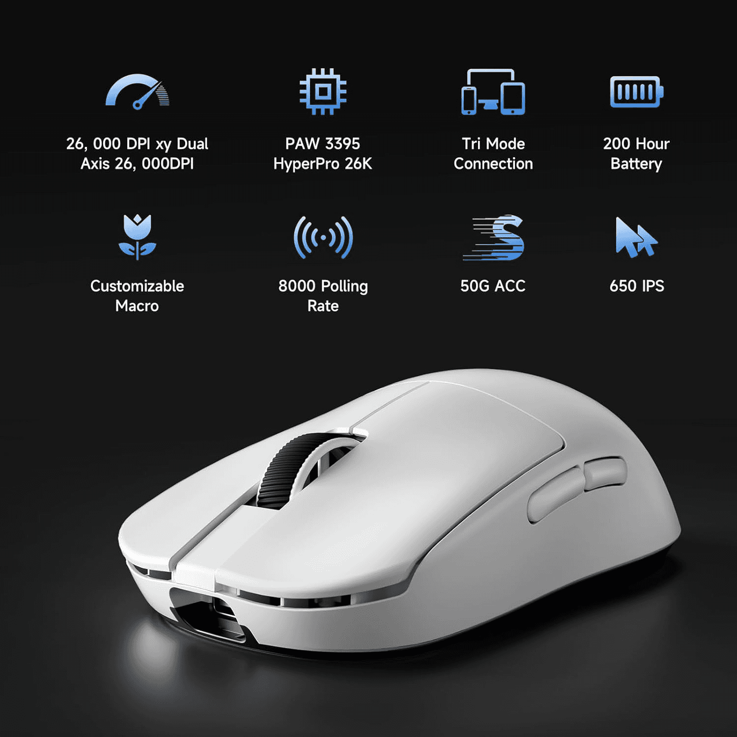MCHOSE MCHOSE L7 Pro+ Ultra-Lightweight Wireless Gaming Mouse, 8K Polling Rate, 26K DPI PAW3395 Sensor, & Magnetic Charging Dock, White | MC-L7-12 - thumbnail 2