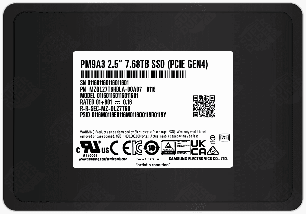 SAMSUNG Samsung PM9A3 3.84TB NVMe Data Center SSD, PCIe Gen4 x4, 2.5" 7mm, 6800 MB/s Read, OEM Tray | MZQL23T8HCLS-00A07  (OEM VERSION WITHOUT BOX) - Capacity: 7.68 TB