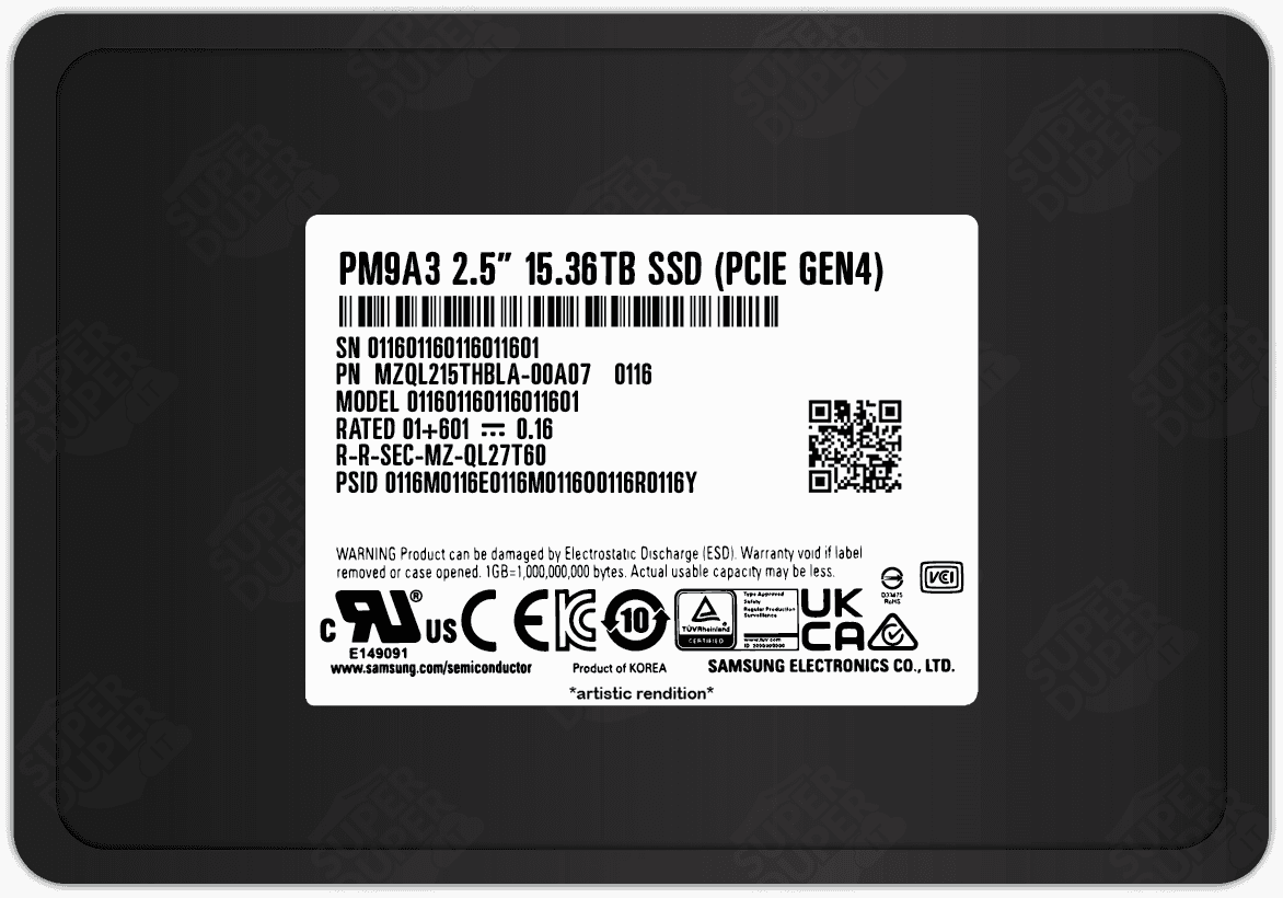 SAMSUNG Samsung PM9A3 3.84TB NVMe Data Center SSD, PCIe Gen4 x4, 2.5" 7mm, 6800 MB/s Read, OEM Tray | MZQL23T8HCLS-00A07  (OEM VERSION WITHOUT BOX) - Capacity: 15.36 TB