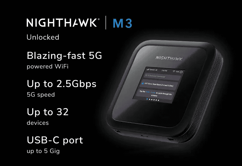 NETGEAR Nighthawk M3 5G Mobile Hotspot Router, Unlocked AX3600 WiFi 6, Up to 2.5Gbps 5G Speeds, 2.4” Touch Screen, 5185mAh Battery | MH3150-100EUS thumbnail 7