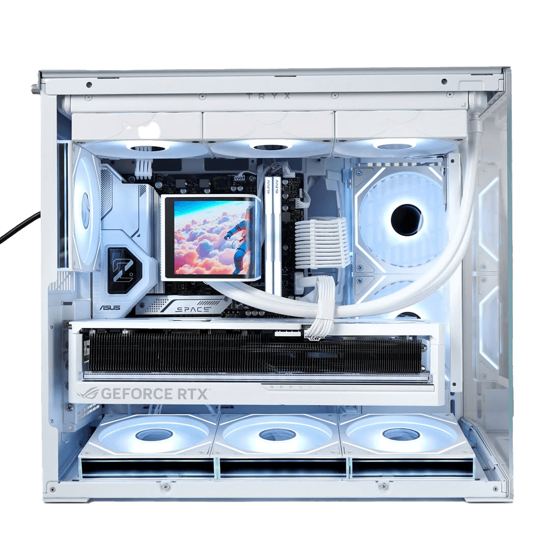 White MINI O11 Gaming & Creator PC, AMD Ryzen 9 9950X3D, ROG ASTRAL RTX 5080 White OC, 32GB (2x16GB) DDR5 6000MHz, 2TB Gen 5.0 NVMe  Up to 14 GB, Curved ARGB Liquid Cooler, 1000W, O11 Dynamic Mini V2 Flow White thumbnail 2