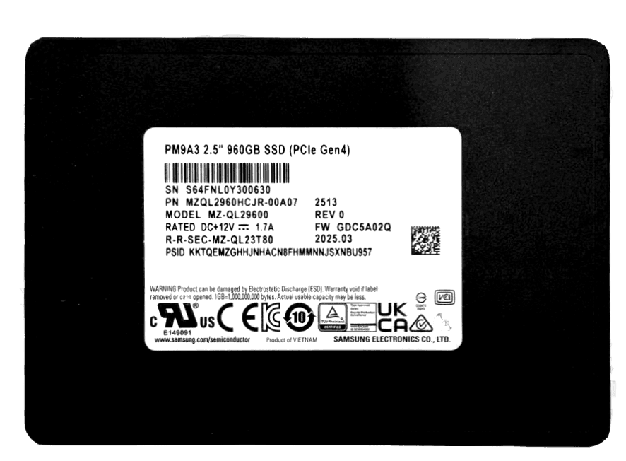 SAMSUNG Samsung PM9A3 3.84TB NVMe Data Center SSD, PCIe Gen4 x4, 2.5" 7mm, 6800 MB/s Read, OEM Tray | MZQL23T8HCLS-00A07  (OEM VERSION WITHOUT BOX) - Capacity: 960GB
