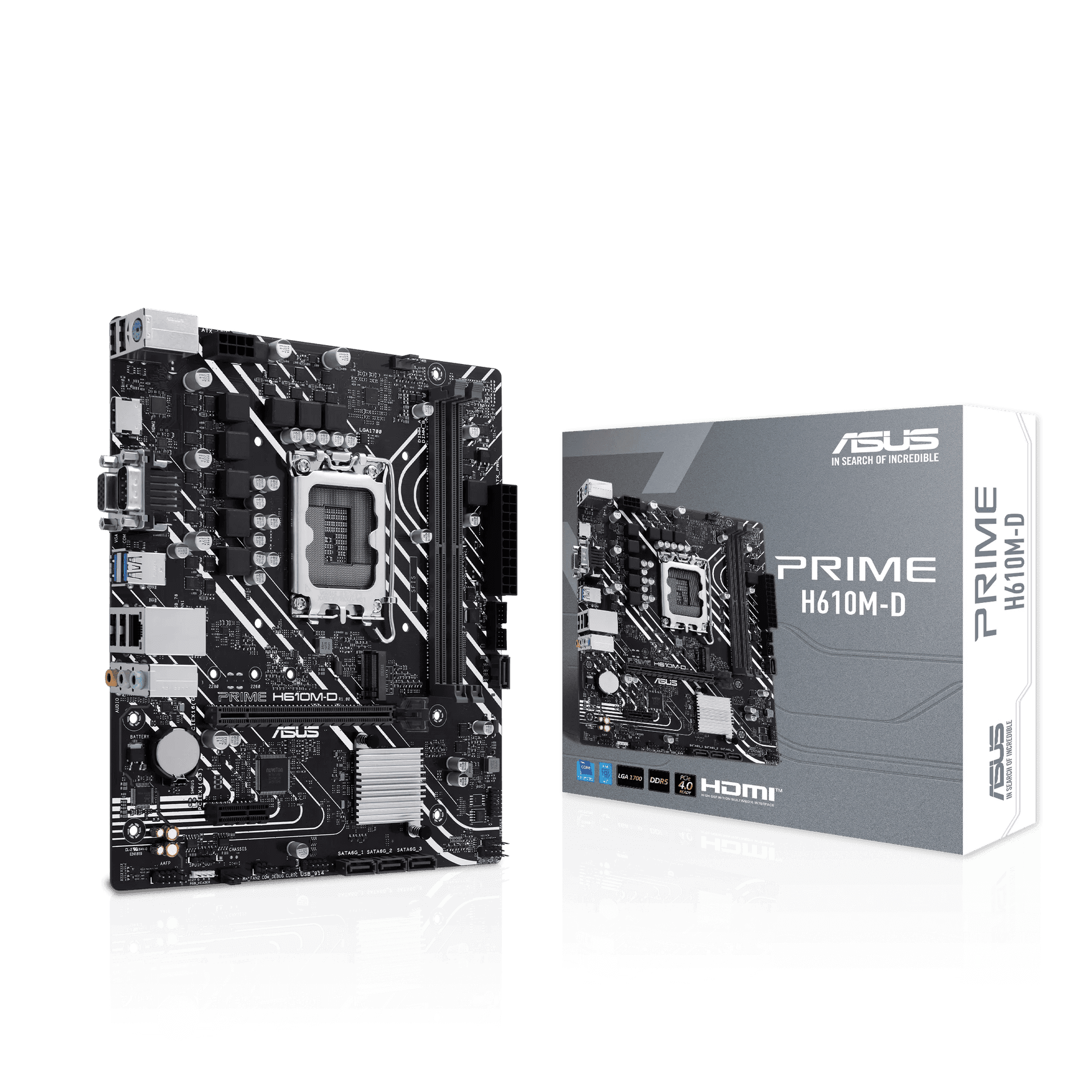 Asus ASUS PRIME H610M-D Intel (LGA 1700) micro-ATX Motherboard, DDR5, PCIe 4.0, M.2 slot, Realtek 1 Gb Ethernet, HDMI, VGA, USB 3.2 Gen 1, SATA 6 Gbps, COM port, RGB header | 90MB1G80-M0EAY0 - thumbnail 1